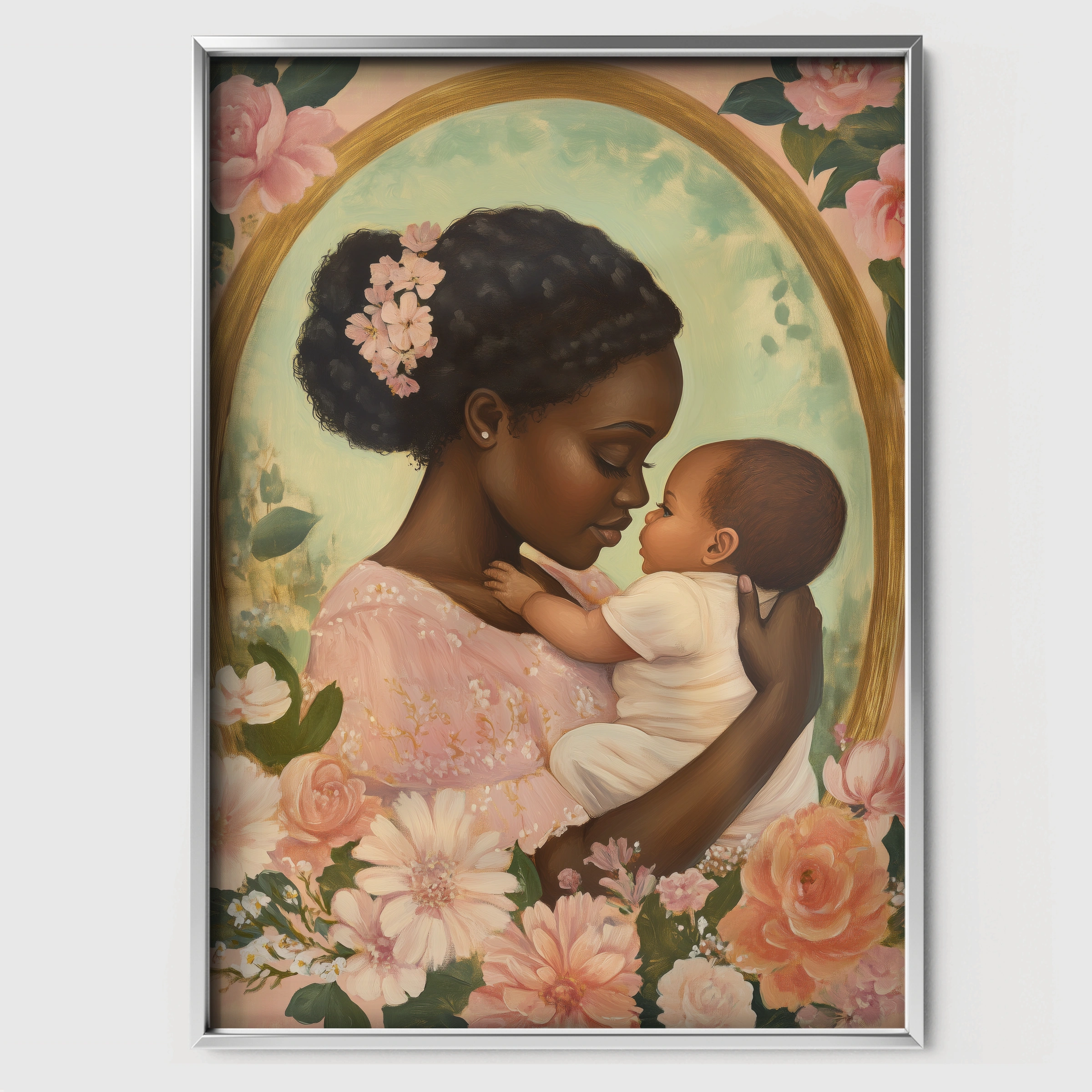 Mother and Baby Roses Nursery Print - white framed nursery wall art print
