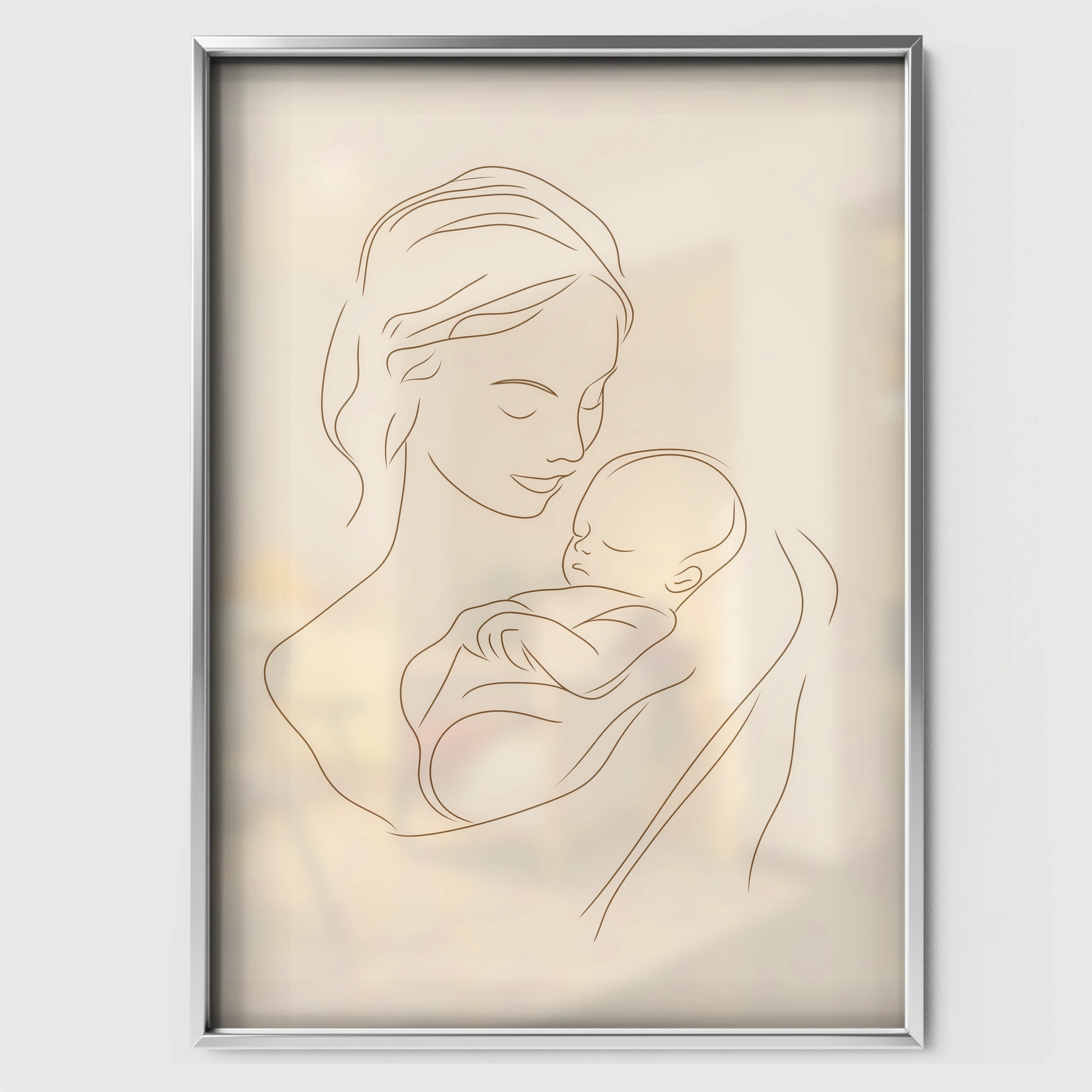 Mother and Newborn Line Art Nursery Print - white framed nursery wall art print
