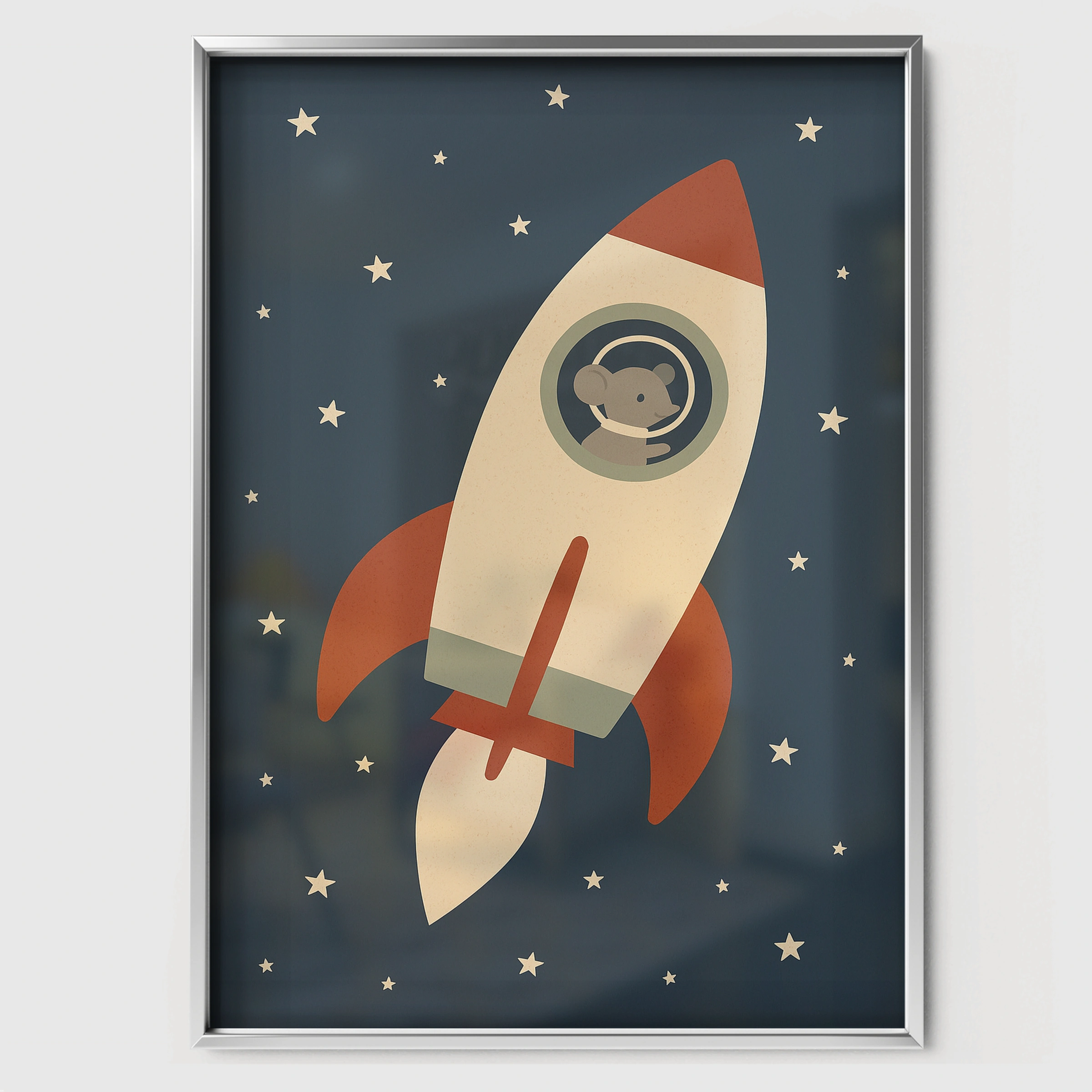 Mouse in a Rocket Nursery Print - white framed nursery wall art print