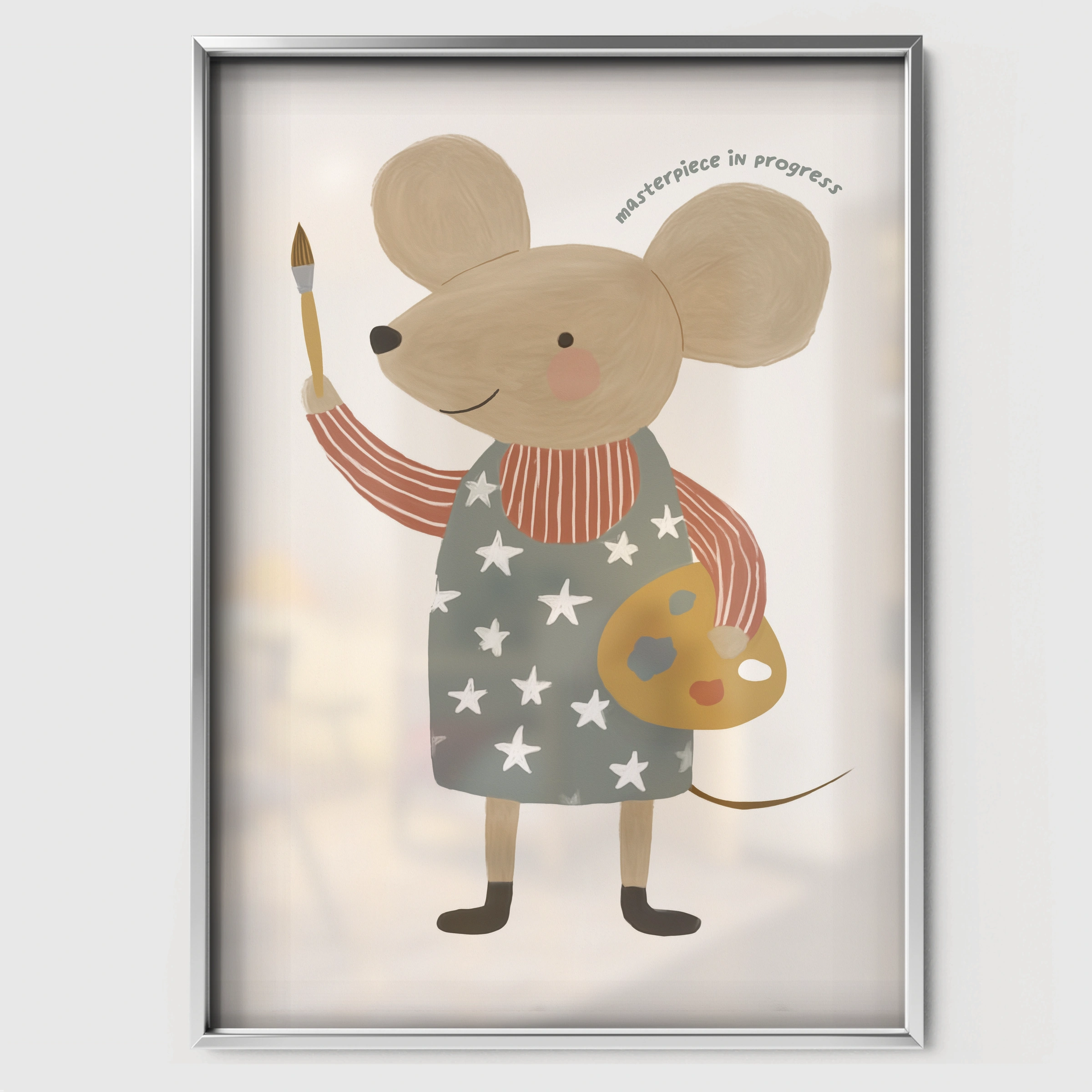 Mouse in Blue Nursery Print - white framed nursery wall art print