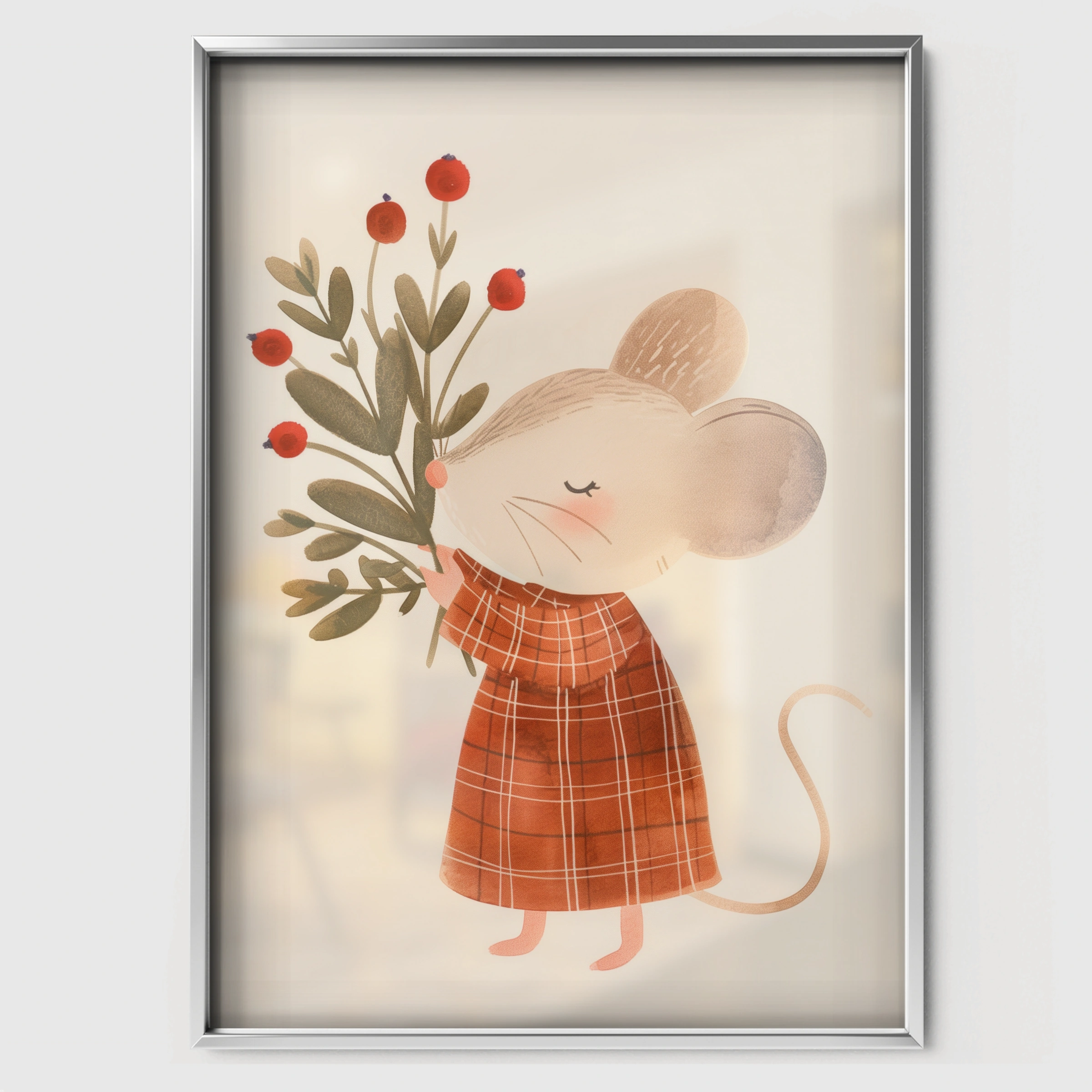 Mouse with Berries Nursery Print - white framed nursery wall art print