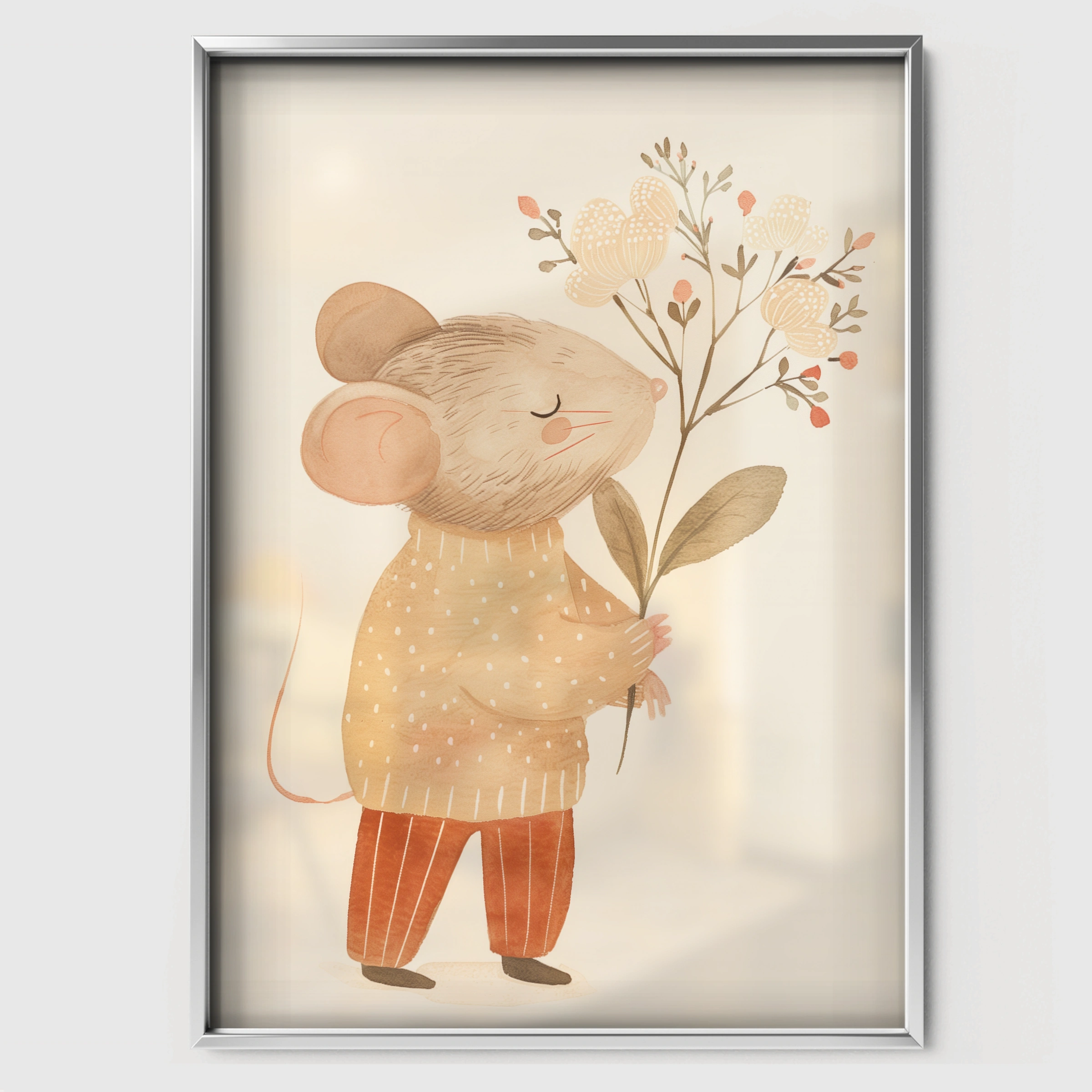 Mouse with Flowers Nursery Print - white framed nursery wall art print