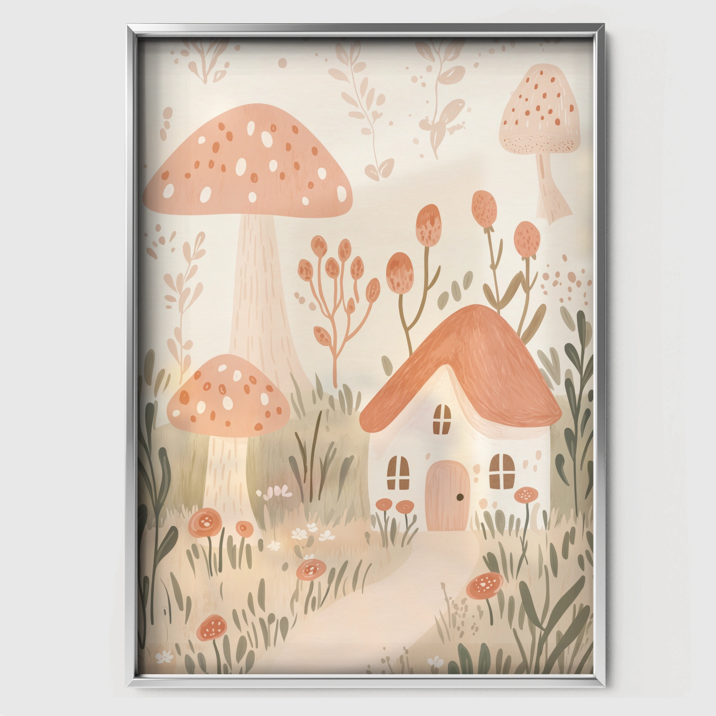Mushroom Cottage Nursery Print - white framed nursery wall art print