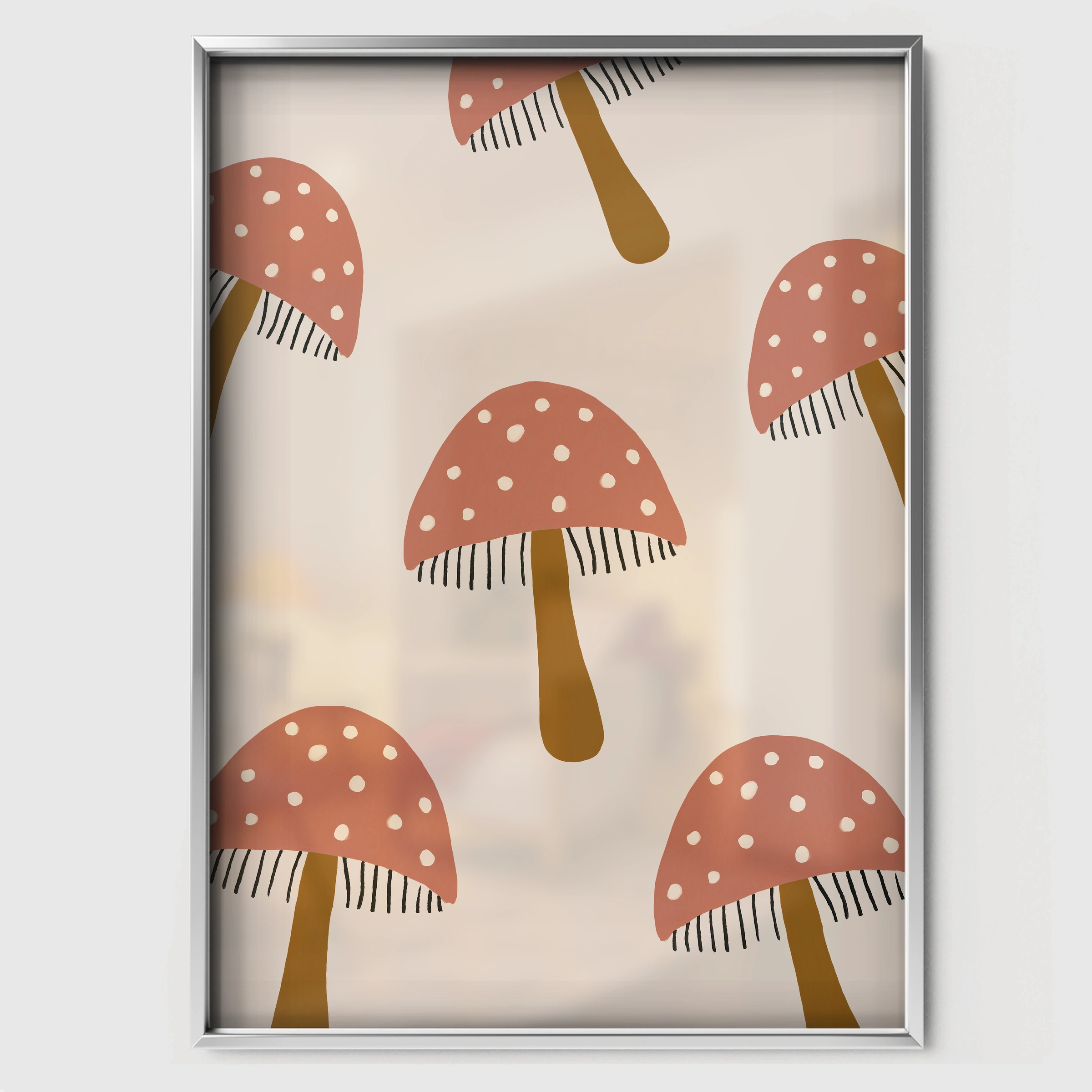 Mushroom Pattern Nursery Print - white framed nursery wall art print