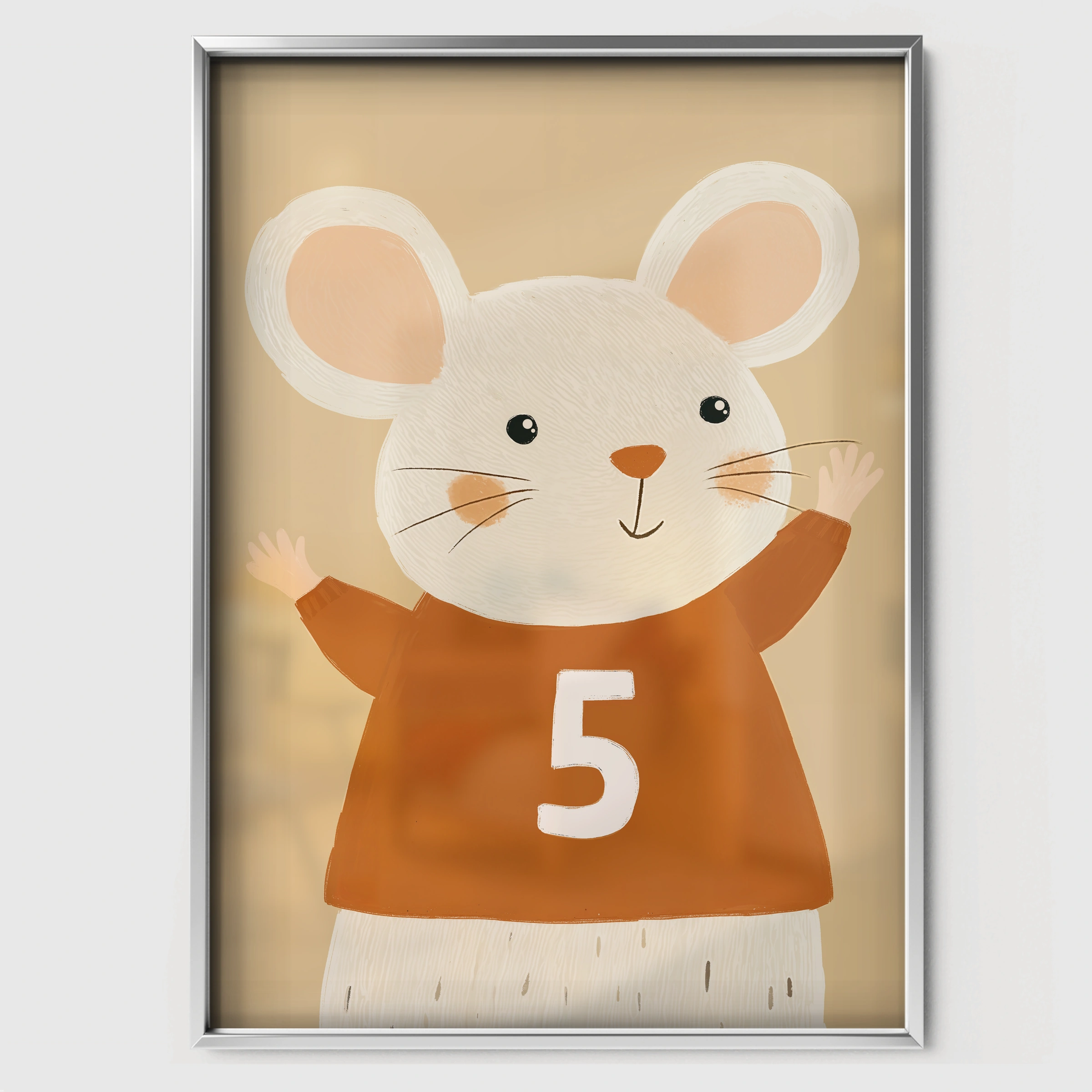 Number Five Mouse Nursery Print - white framed nursery wall art print