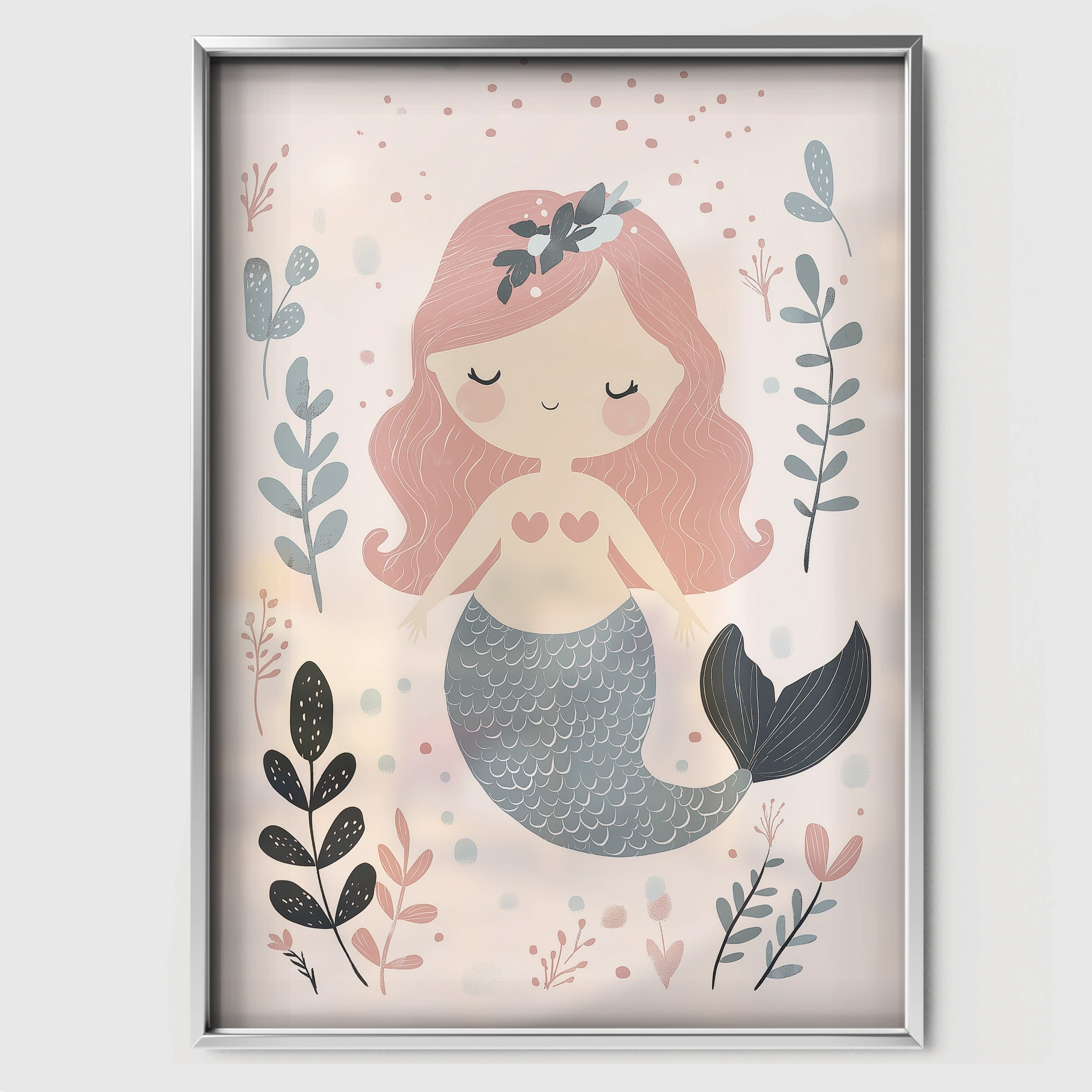 Ocean Mermaid Nursery Print - white framed nursery wall art print