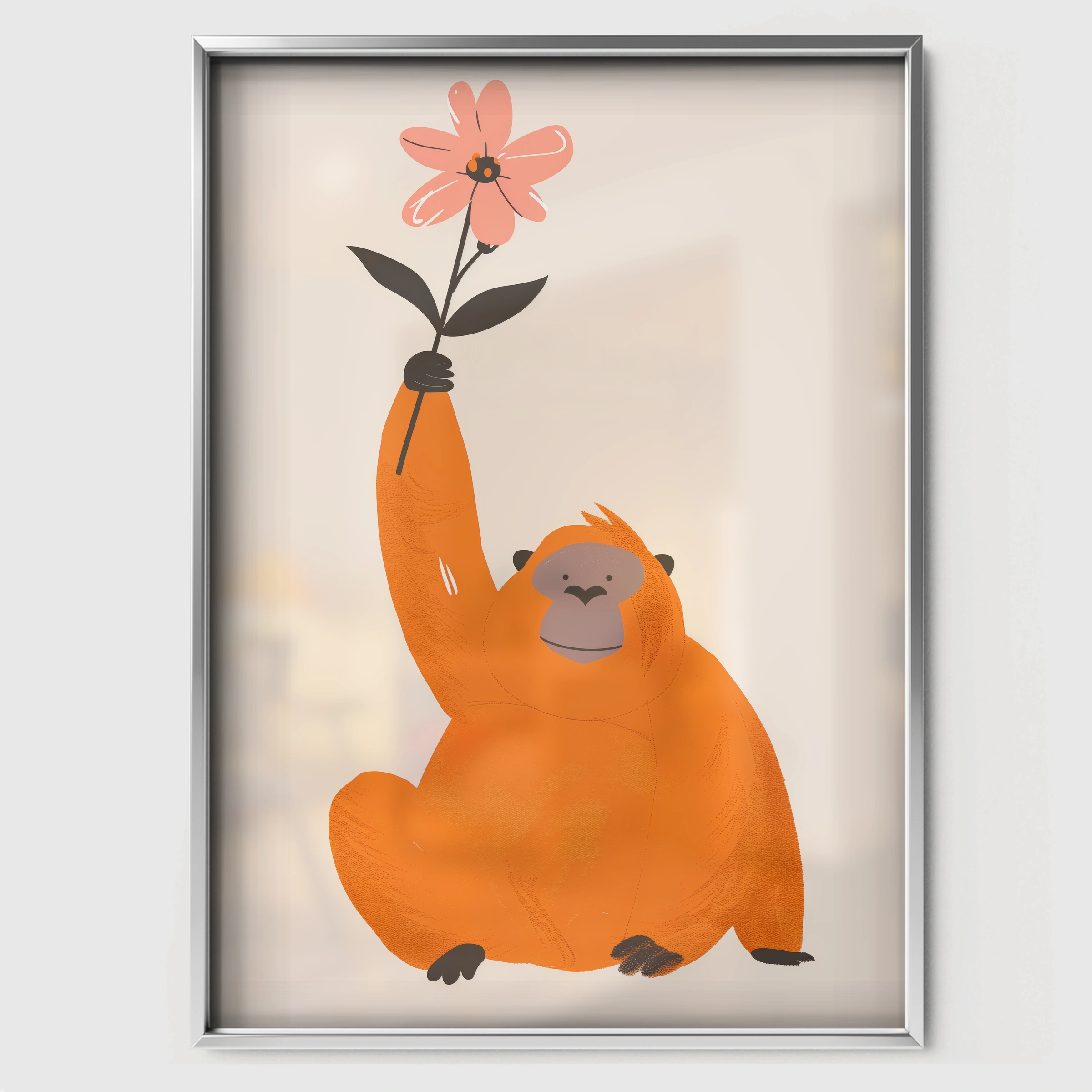 Orangutan with a Flower Nursery Print - white framed nursery wall art print