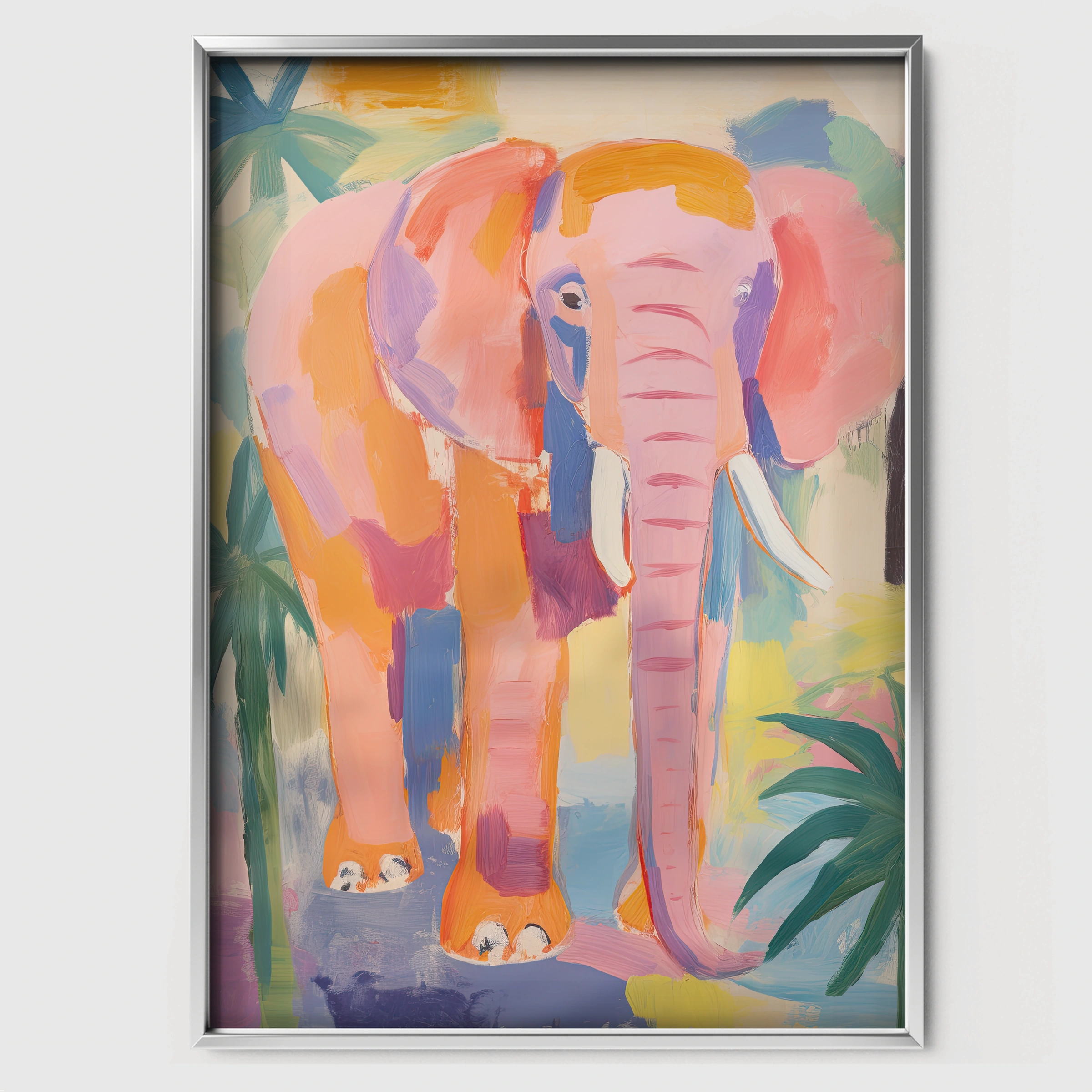 Painted Pink Elephant Nursery Print - white framed nursery wall art print