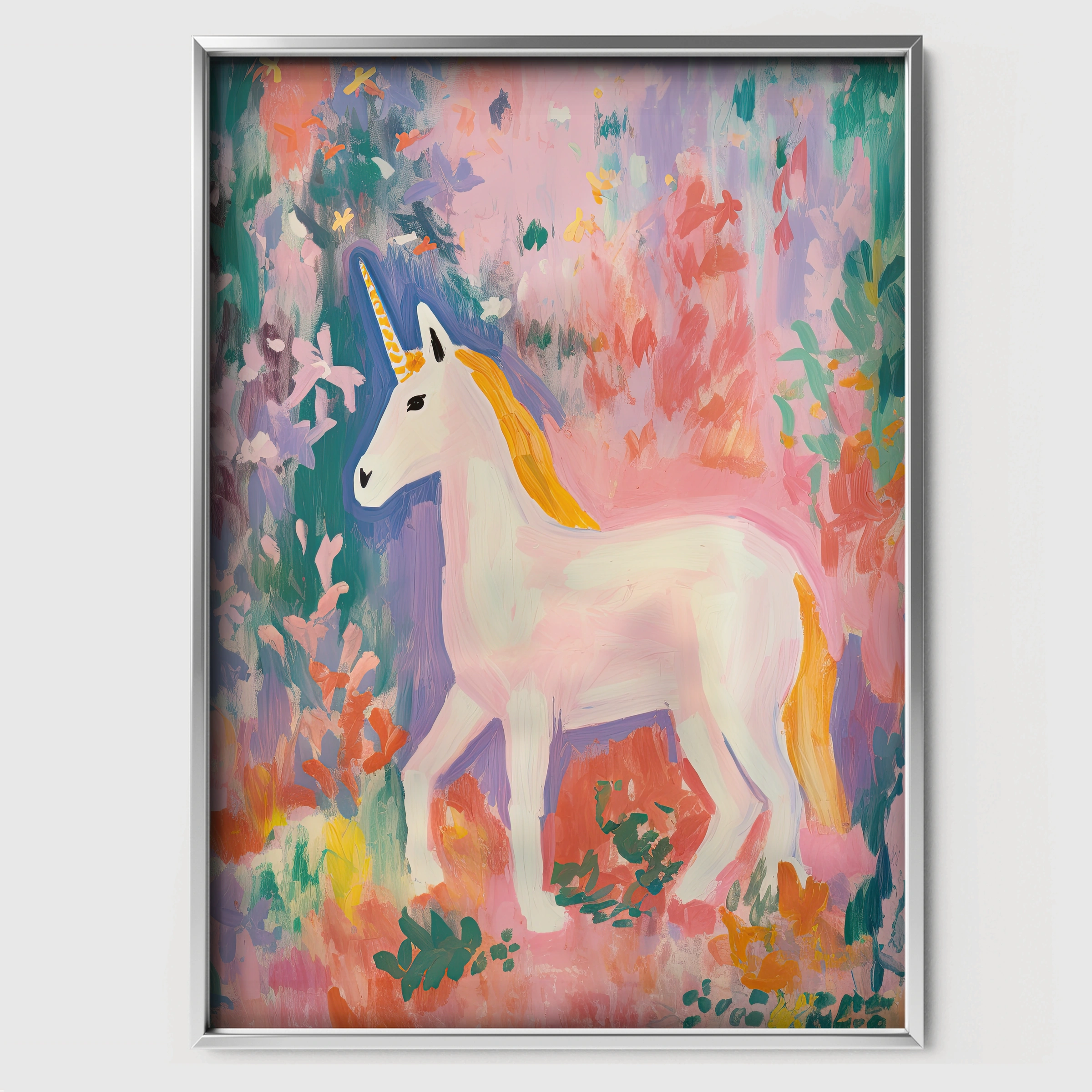 Painted Unicorn Nursery Print - white framed nursery wall art print