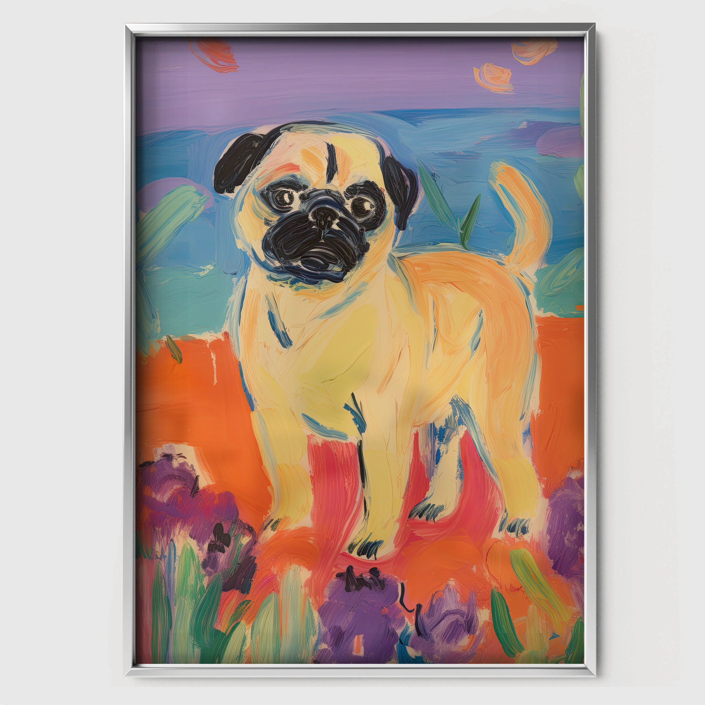 Painterly Pug Nursery Print - white framed nursery wall art print