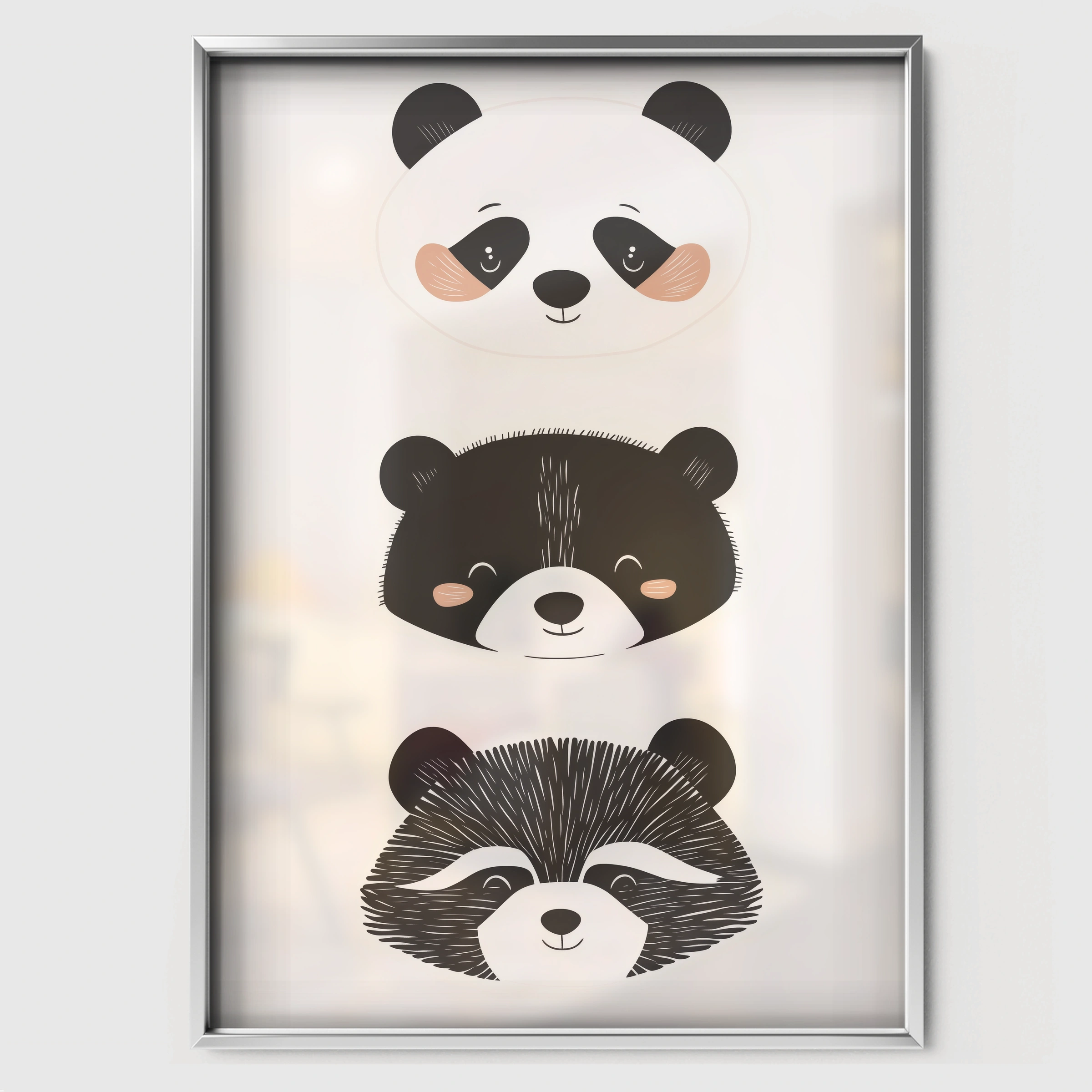 Panda Bear Raccoon Nursery Print - white framed nursery wall art print