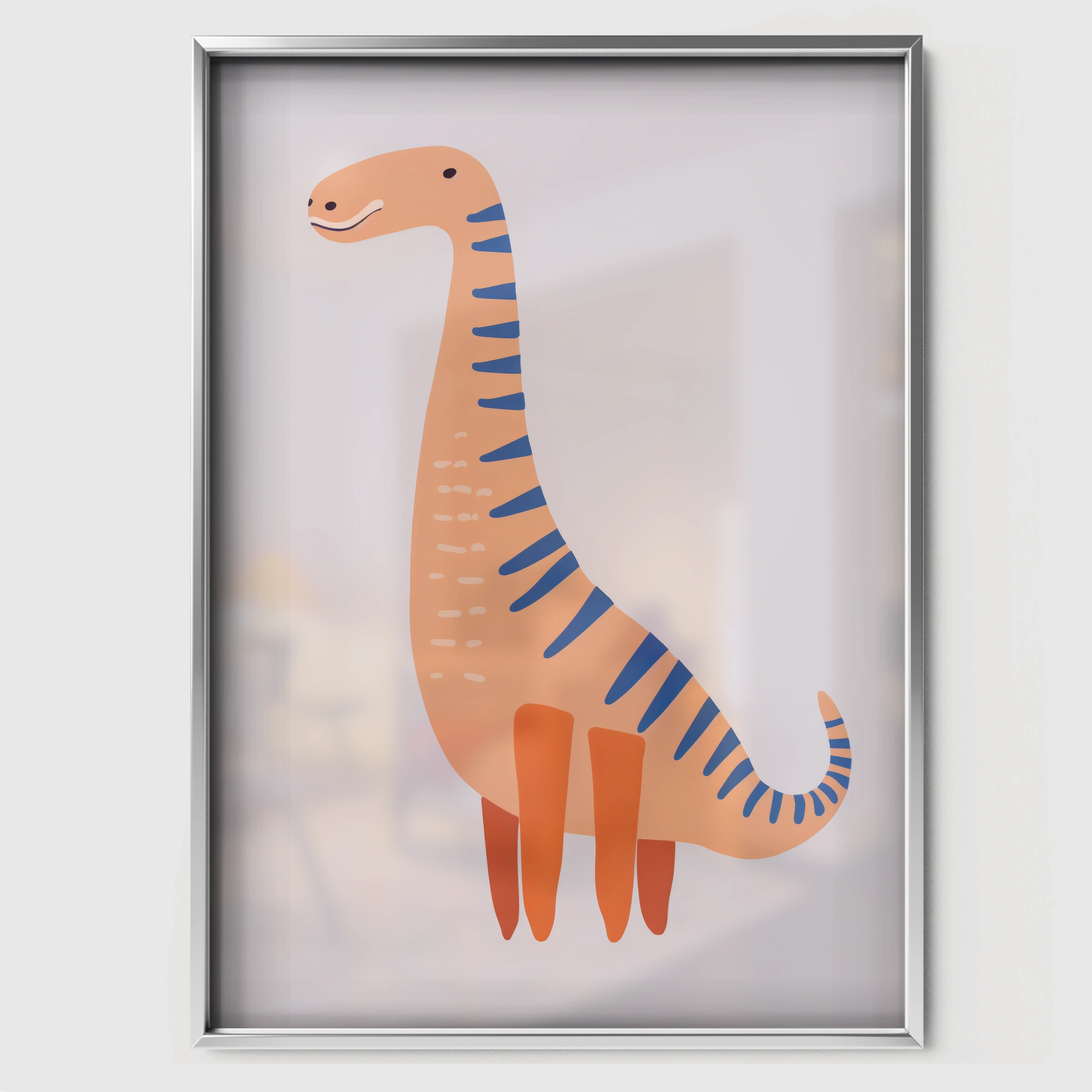Peach Dinosaur Nursery Print - white framed nursery wall art print