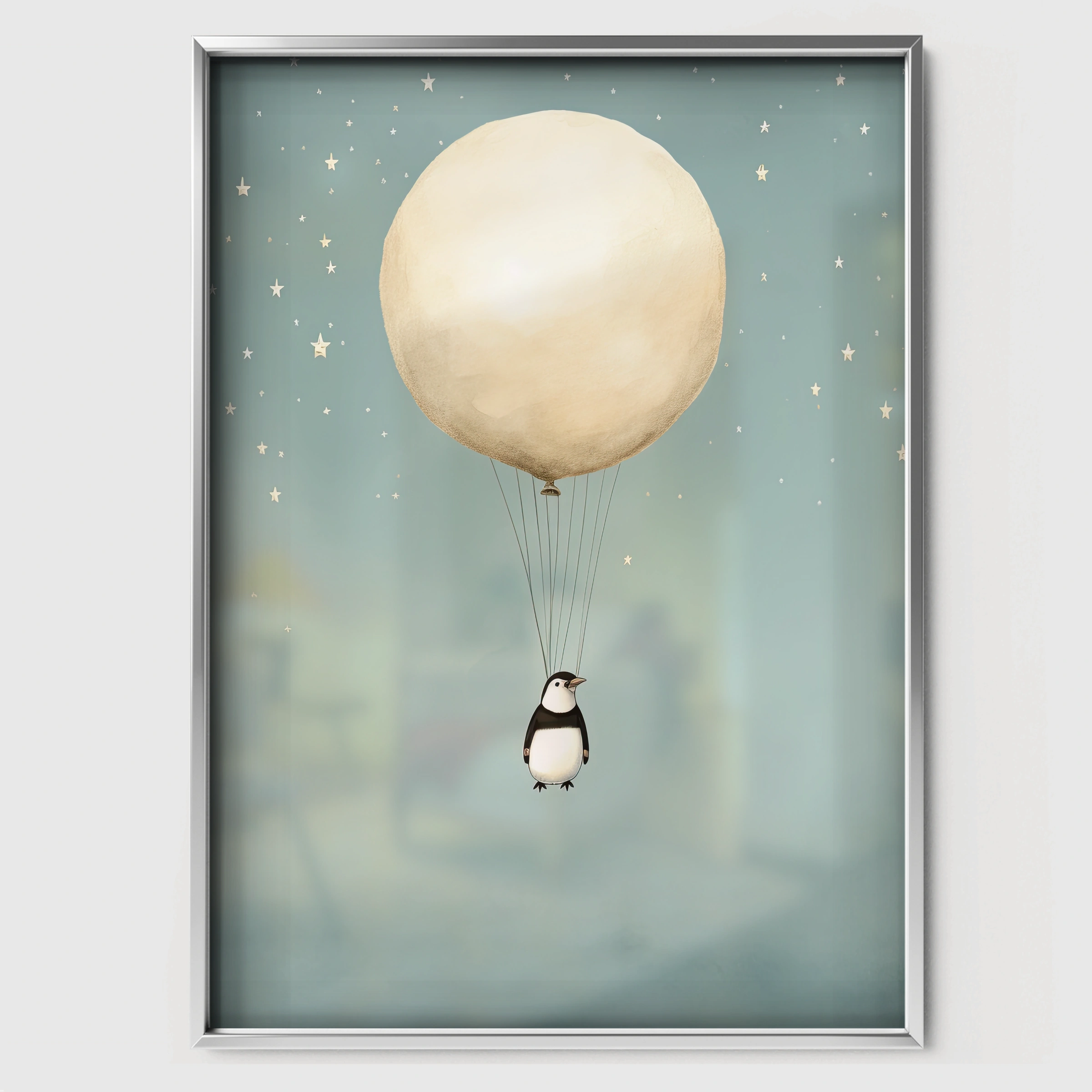 Penguin Balloon Nursery Print - white framed nursery wall art print