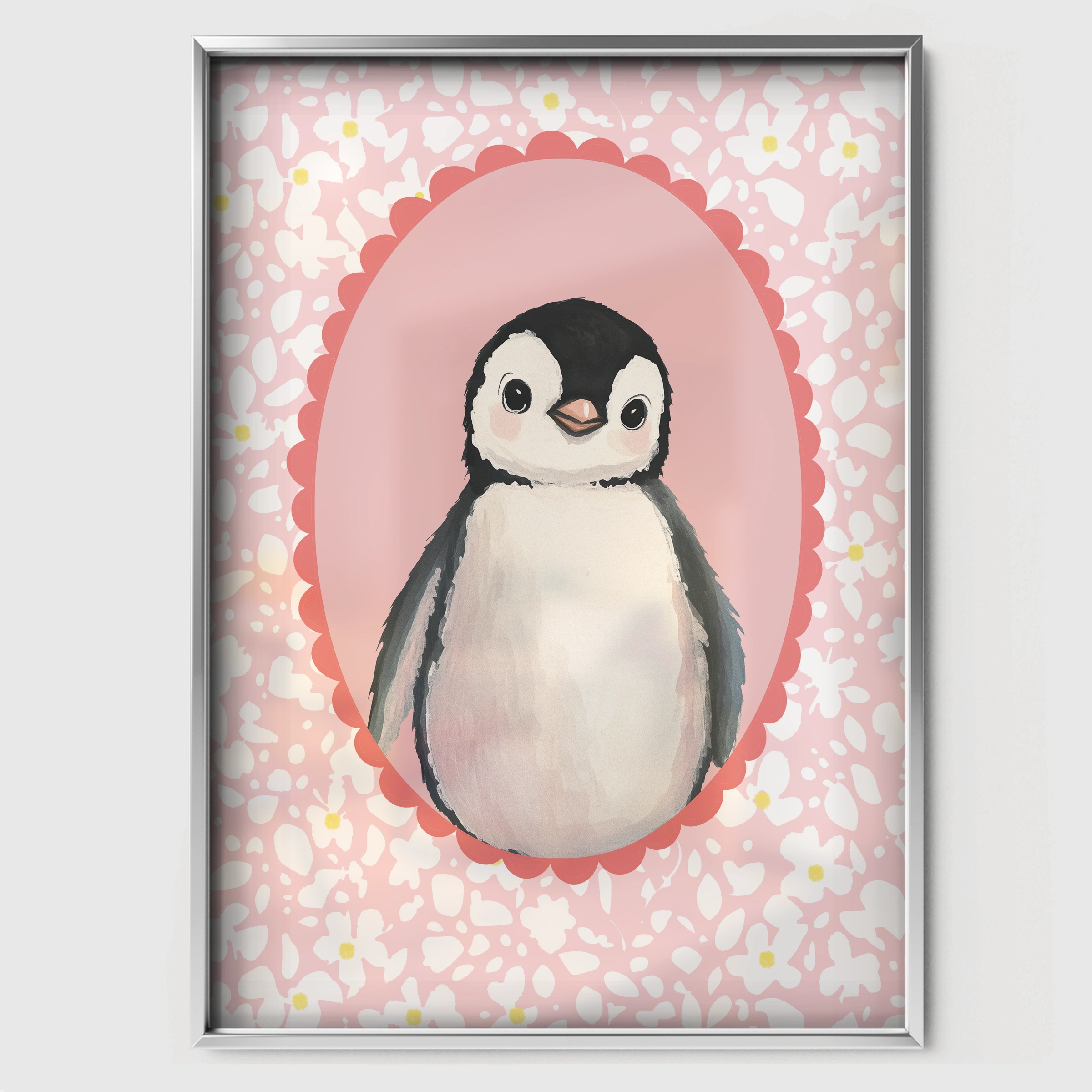Penguin Cameo Nursery Print - white framed nursery wall art print