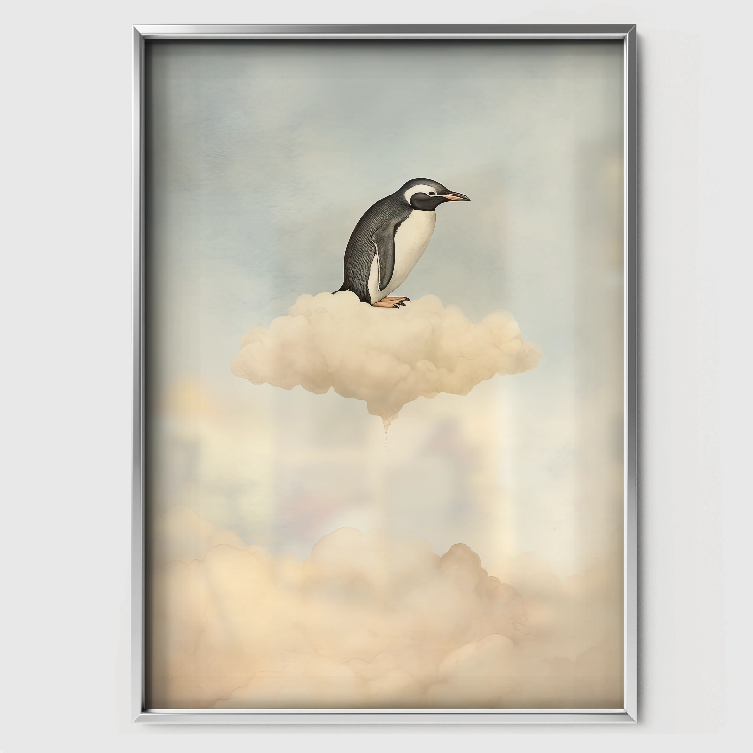 Penguin on a Cloud Nursery Print - white framed nursery wall art print