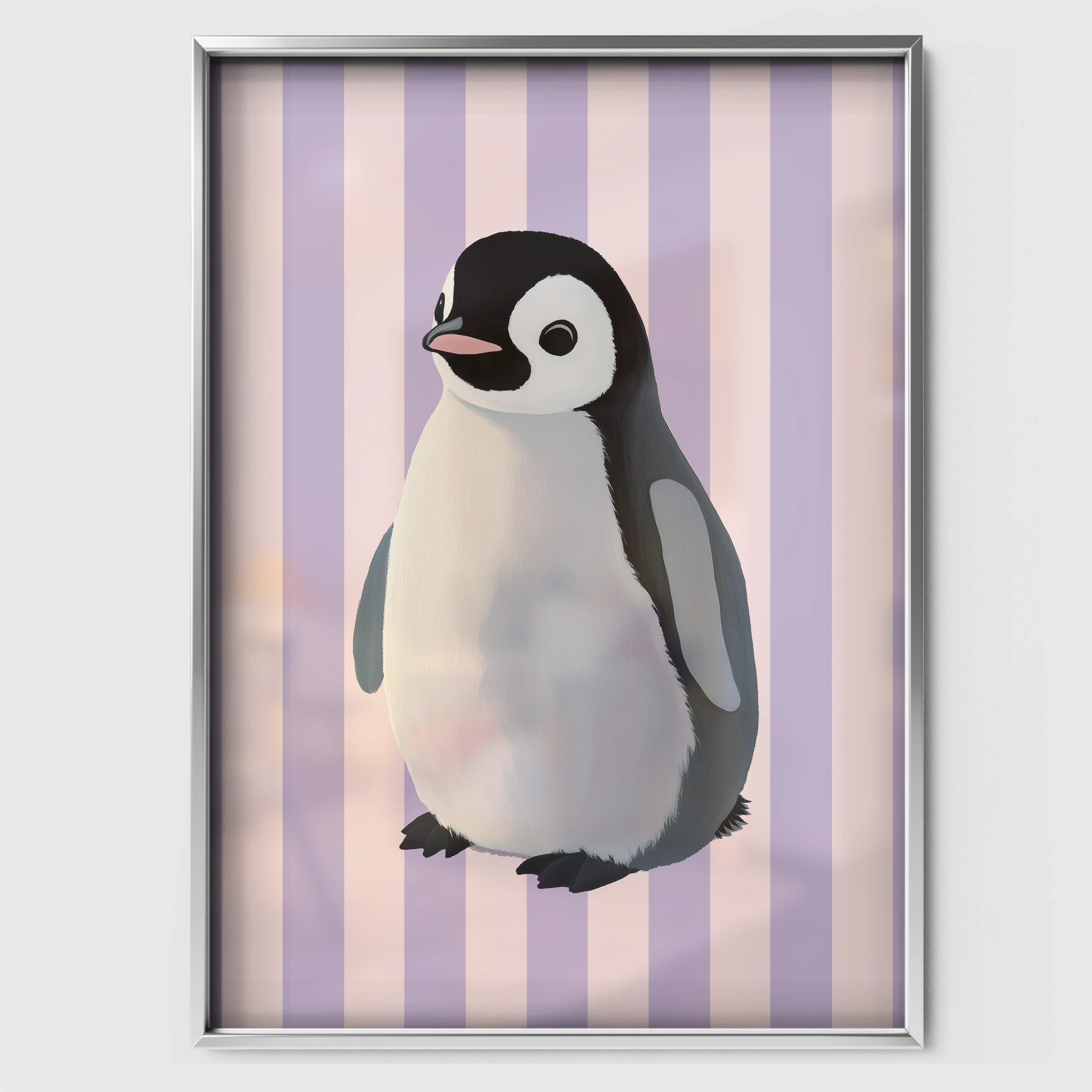 Penguin on Stripes Nursery Print - white framed nursery wall art print