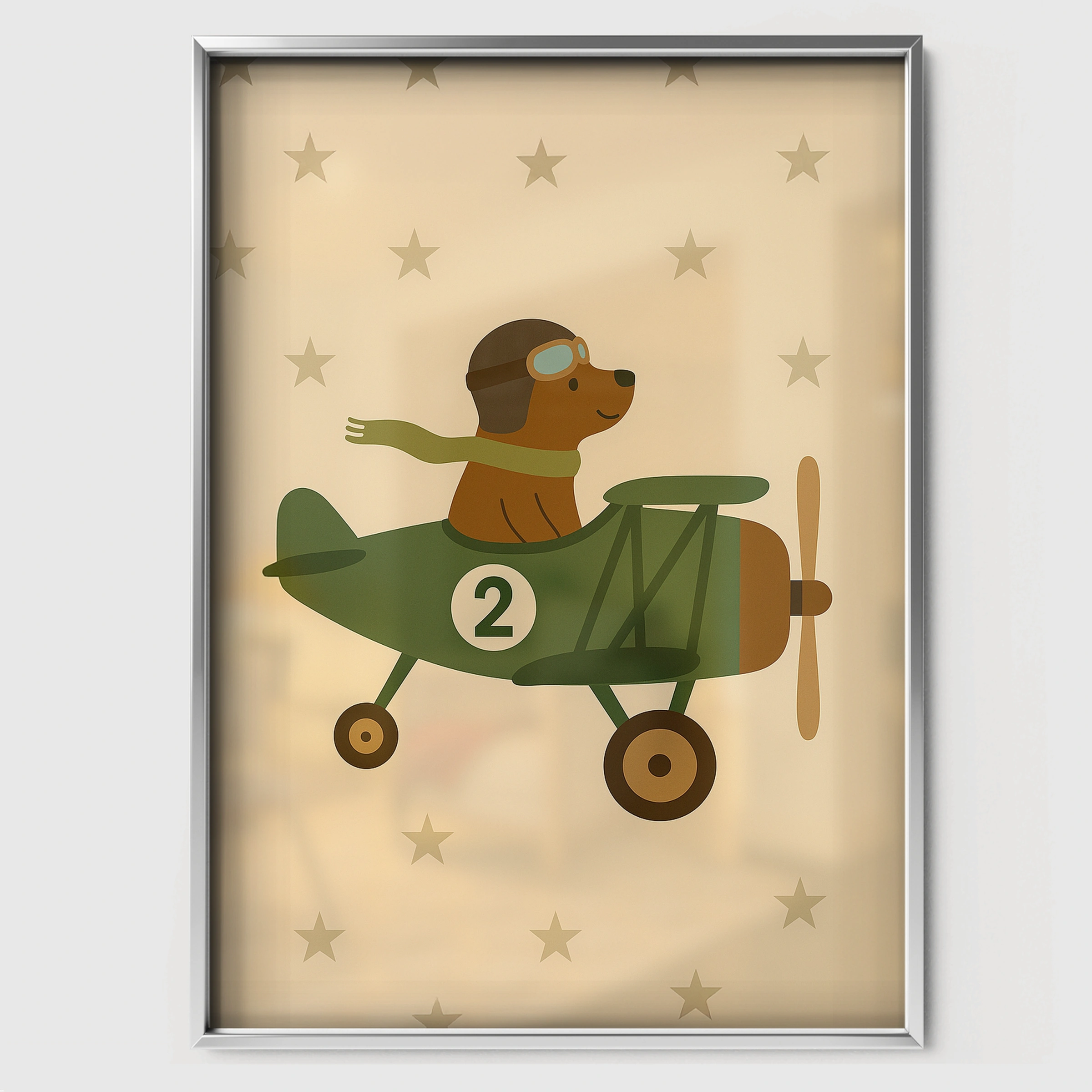 Pilot Dog in a Plane Nursery Print - white framed nursery wall art print