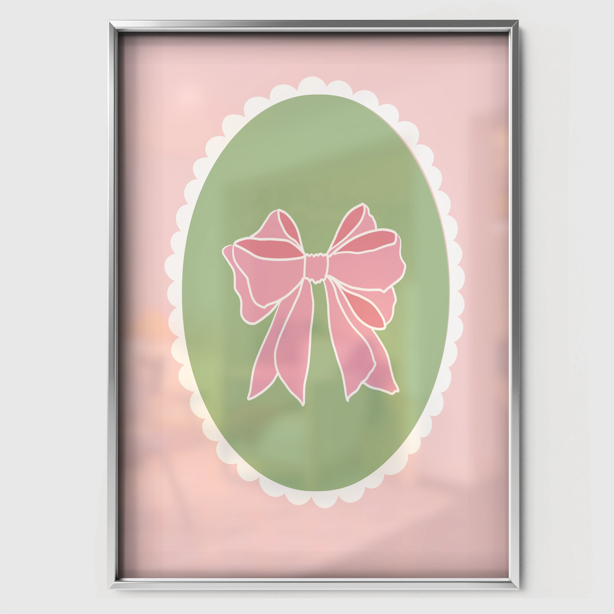 Pink Bow Cameo Green Nursery Print - white framed nursery wall art print
