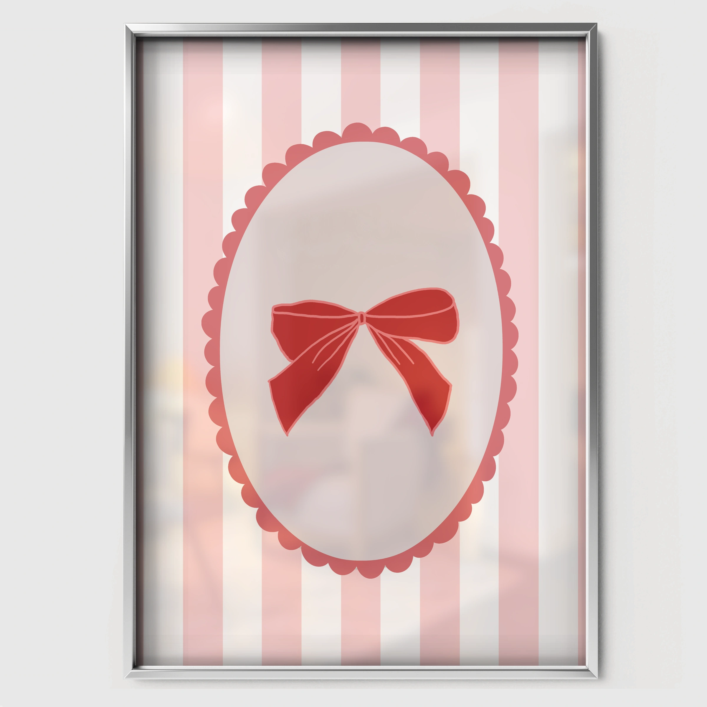 Pink Bow Cameo Nursery Print - white framed nursery wall art print