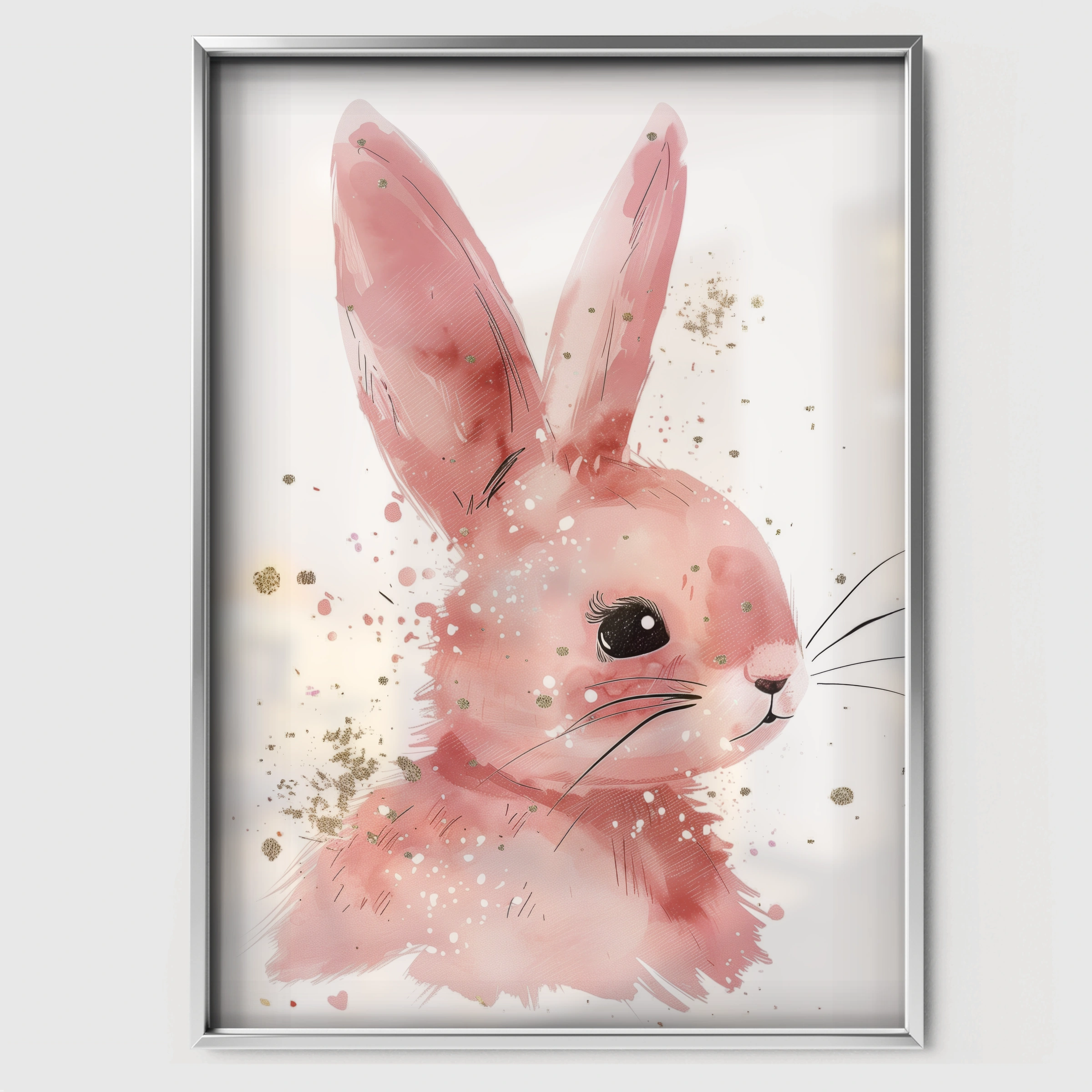 Pink Bunny Nursery Print - white framed nursery wall art print