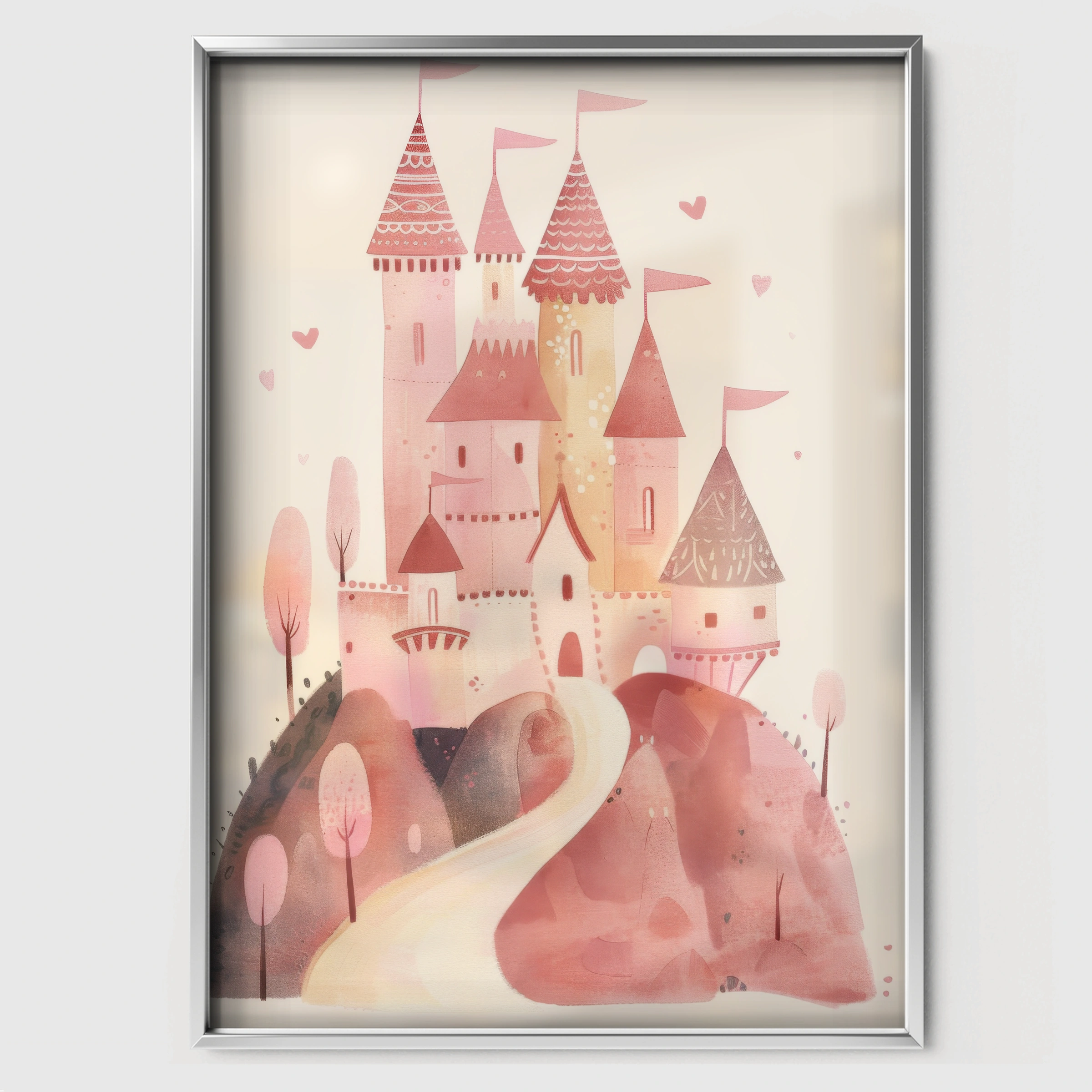 Pink Castle Nursery Print - white framed nursery wall art print