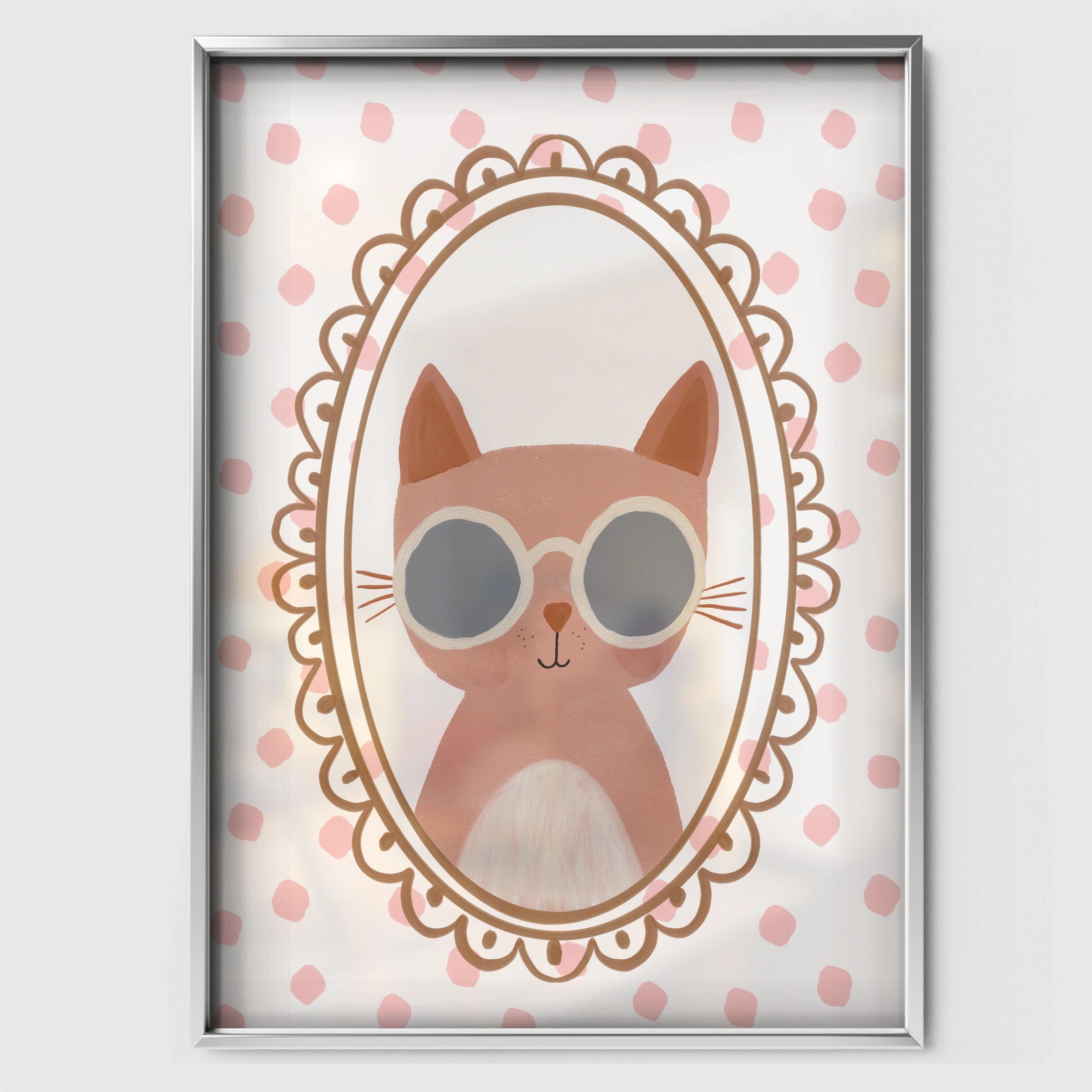 Pink Cat in Glasses Nursery Print - white framed nursery wall art print