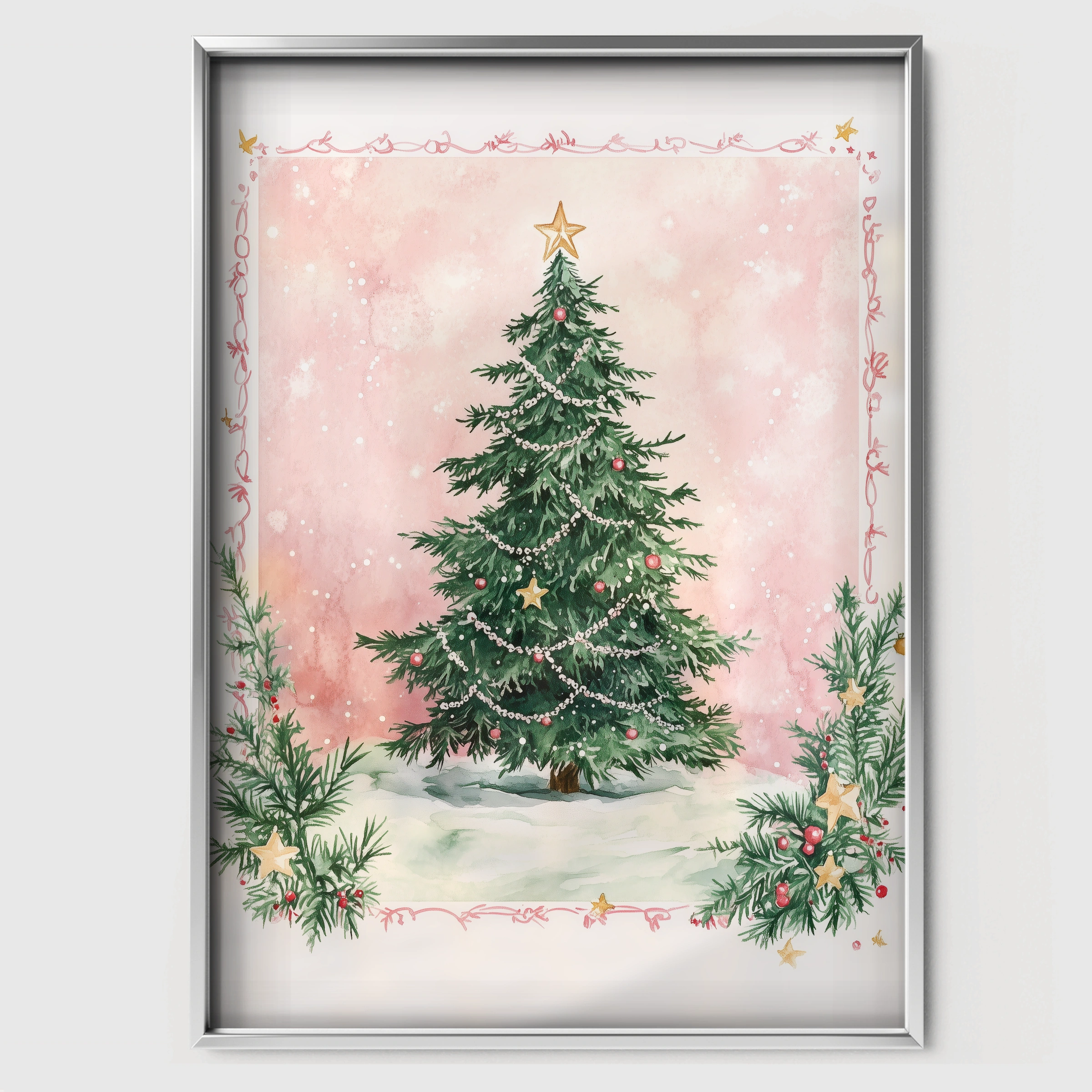 Pink Christmas Tree Two Print - white framed nursery wall art print