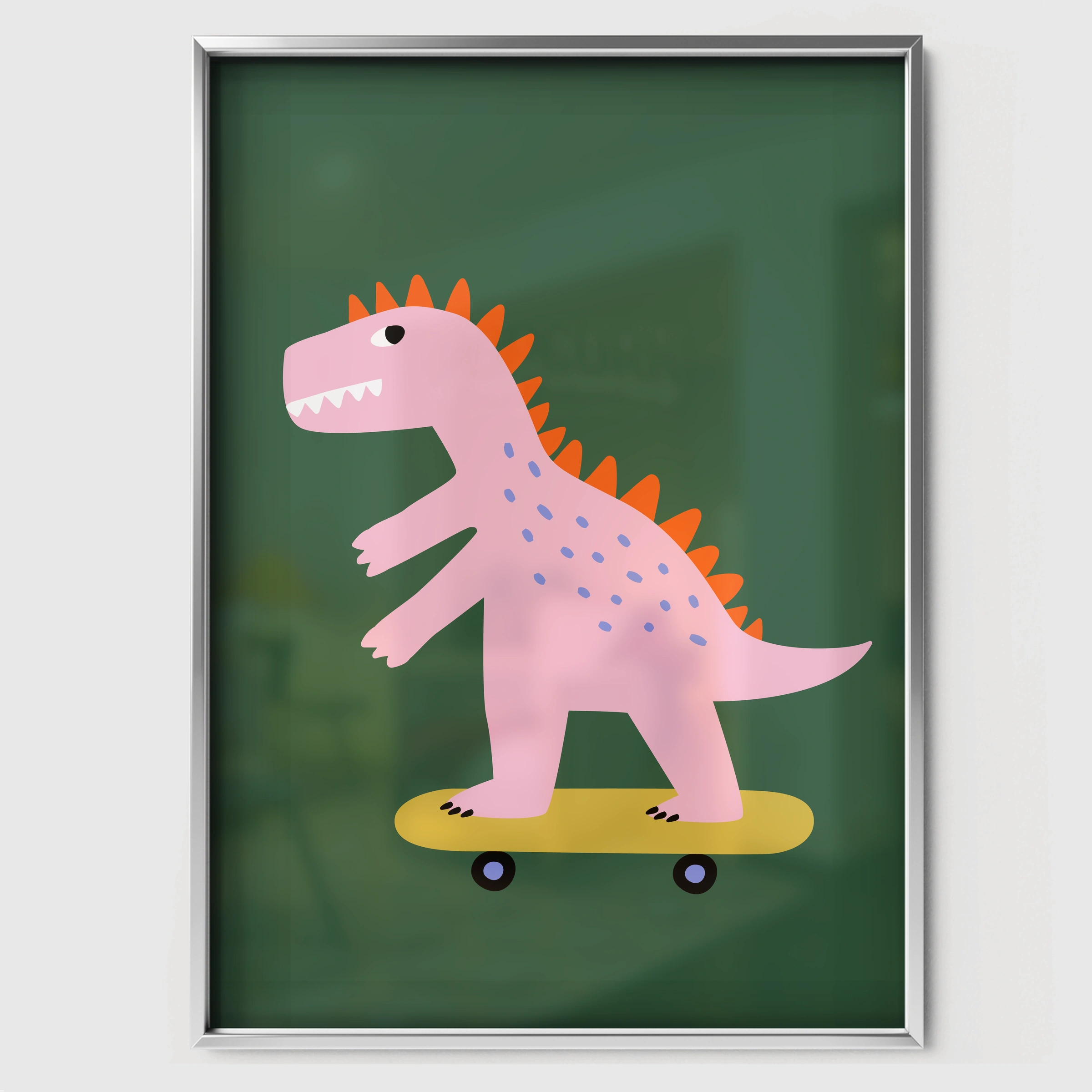 Pink Dinosaur Nursery Print - white framed nursery wall art print