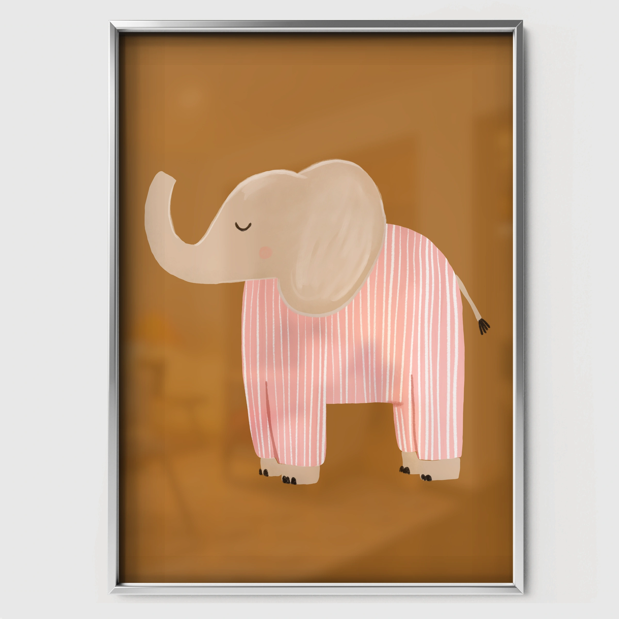 Pink Elephant Nursery Print - white framed nursery wall art print