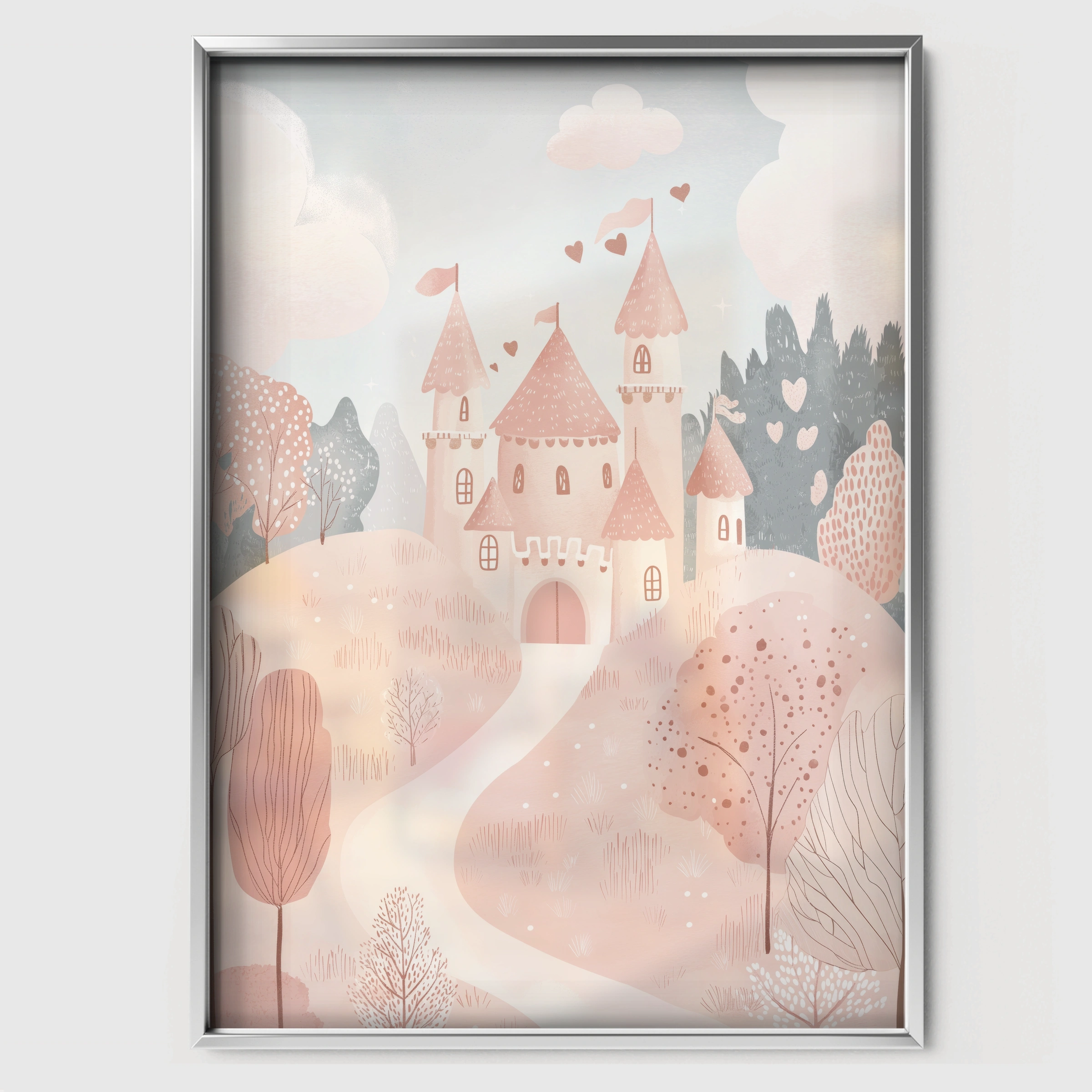 Pink Fairytale Castle Nursery Print - white framed nursery wall art print