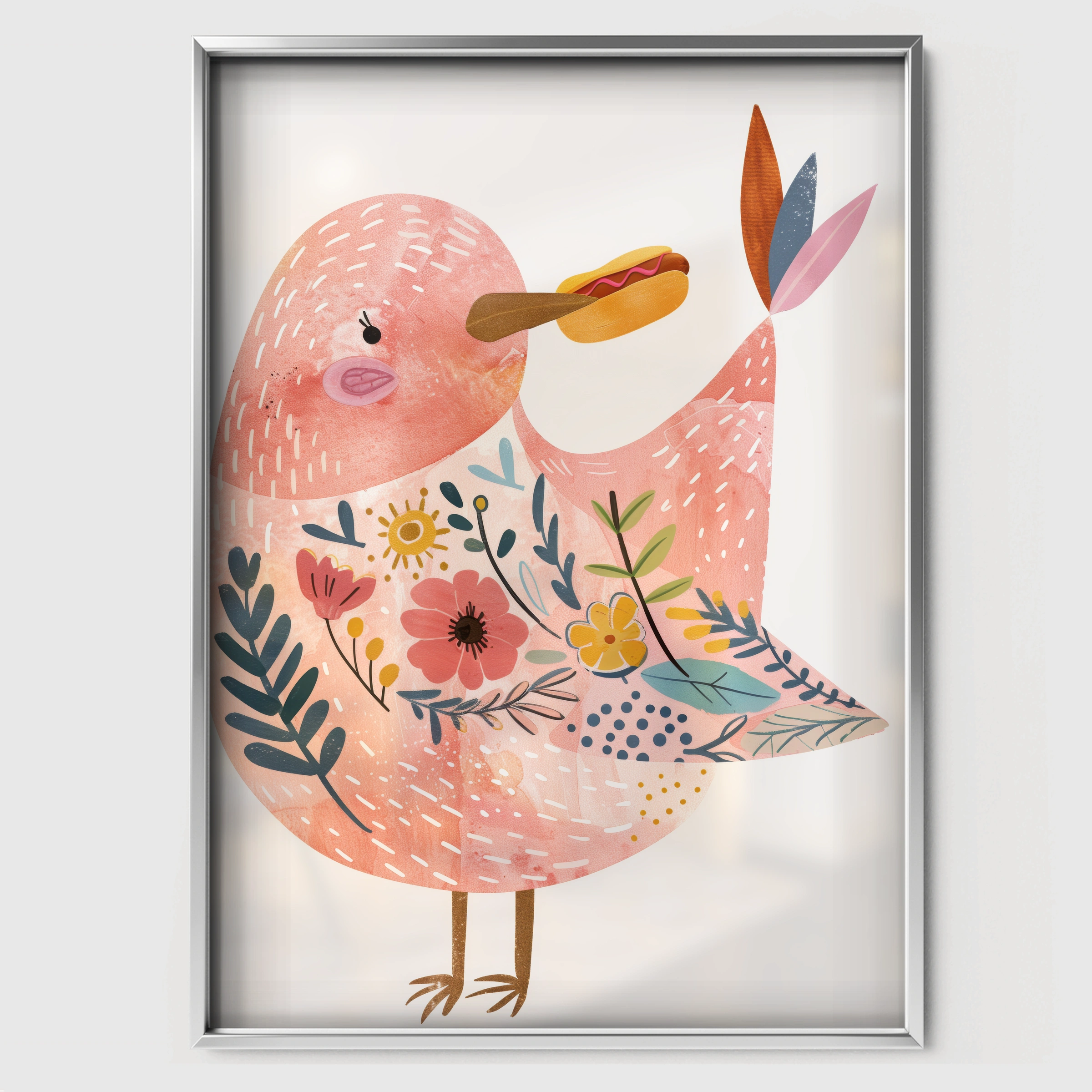Pink Folk Bird Nursery Print - white framed nursery wall art print
