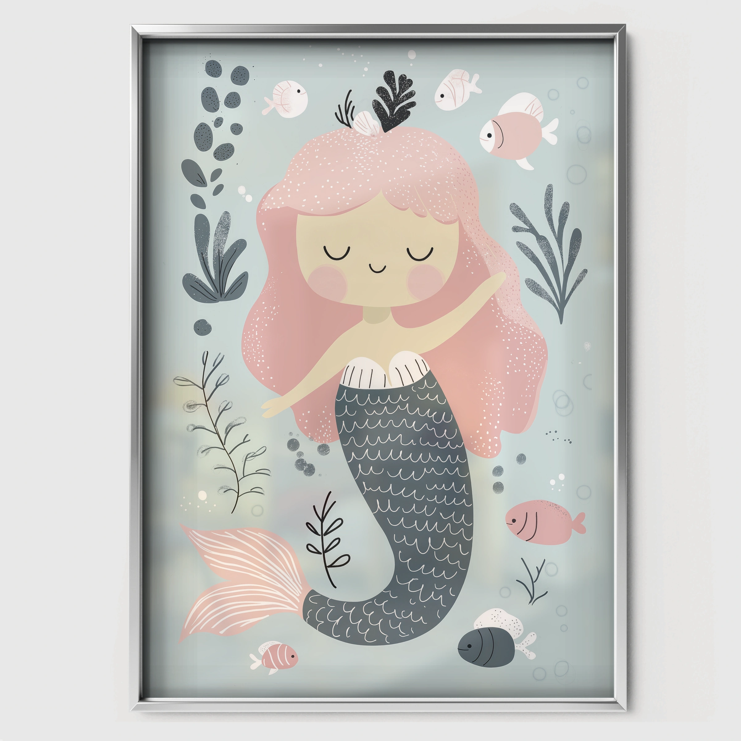 Pink Mermaid Nursery Print - white framed nursery wall art print