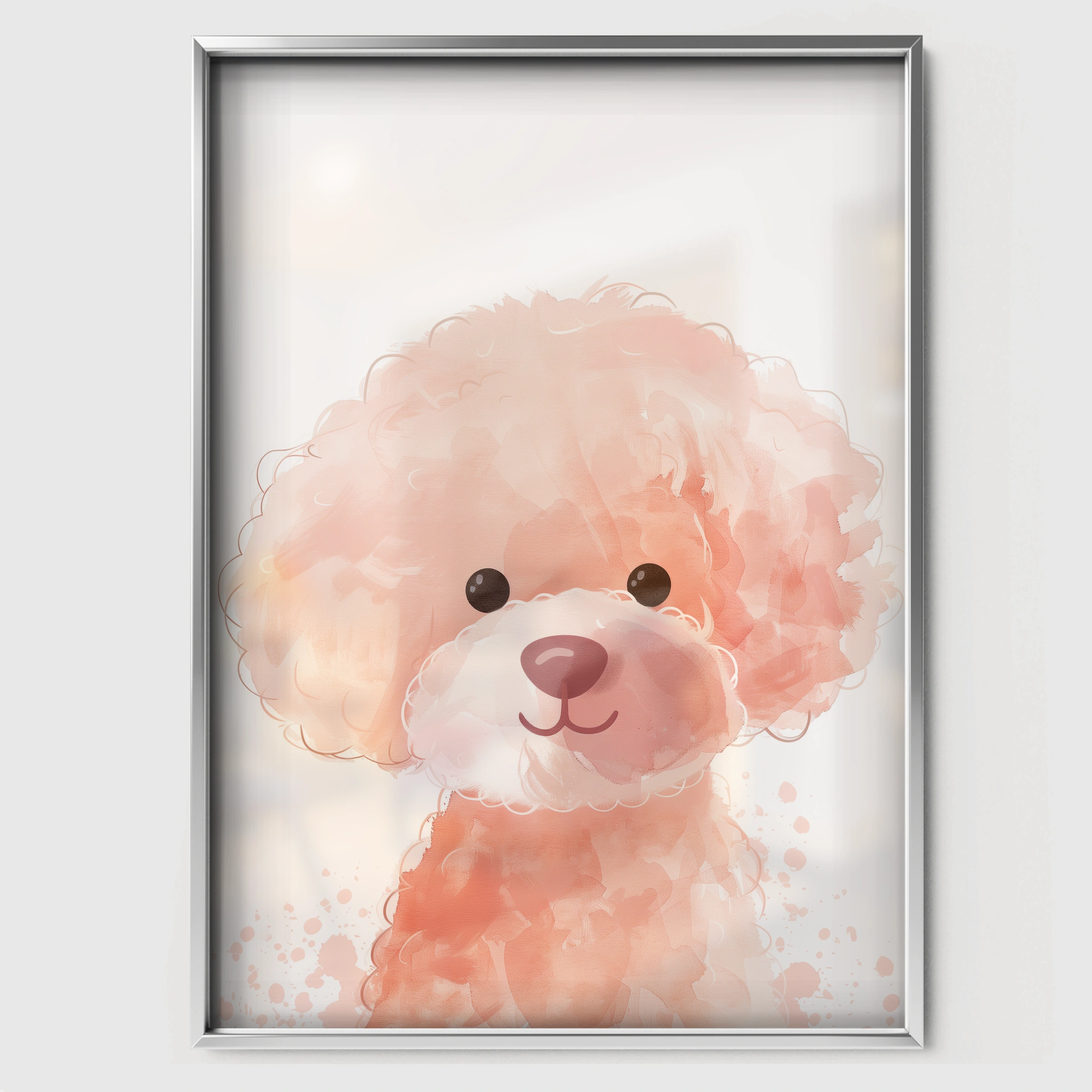Pink Poodle Puppy Nursery Print - white framed nursery wall art print