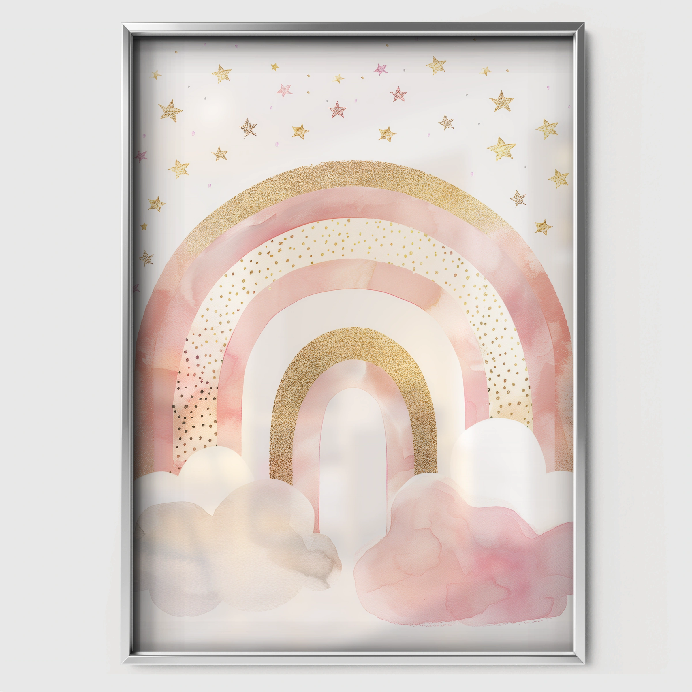 Pink Rainbow Nursery Print - white framed nursery wall art print