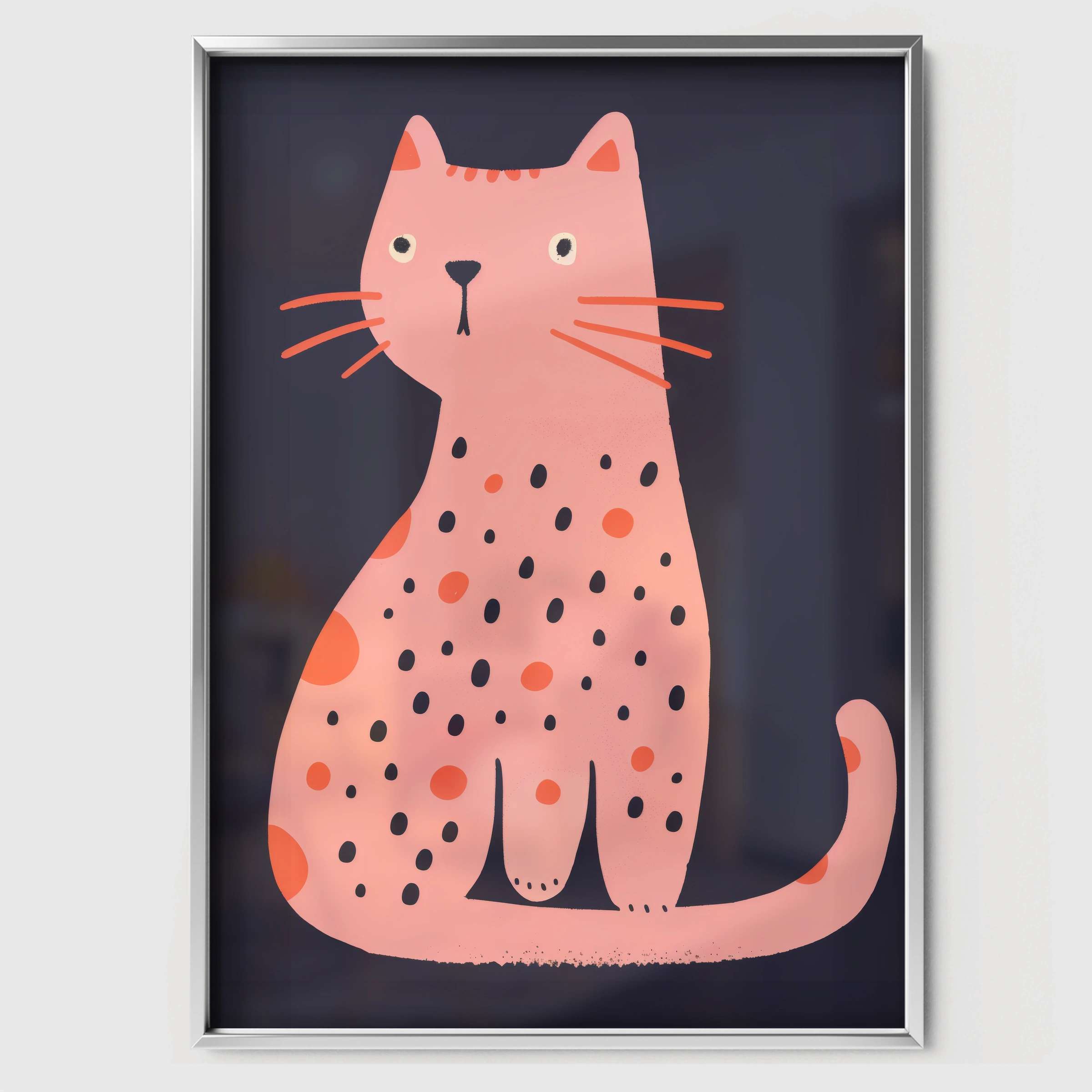 Pink Spotty Cat Nursery Print - white framed nursery wall art print