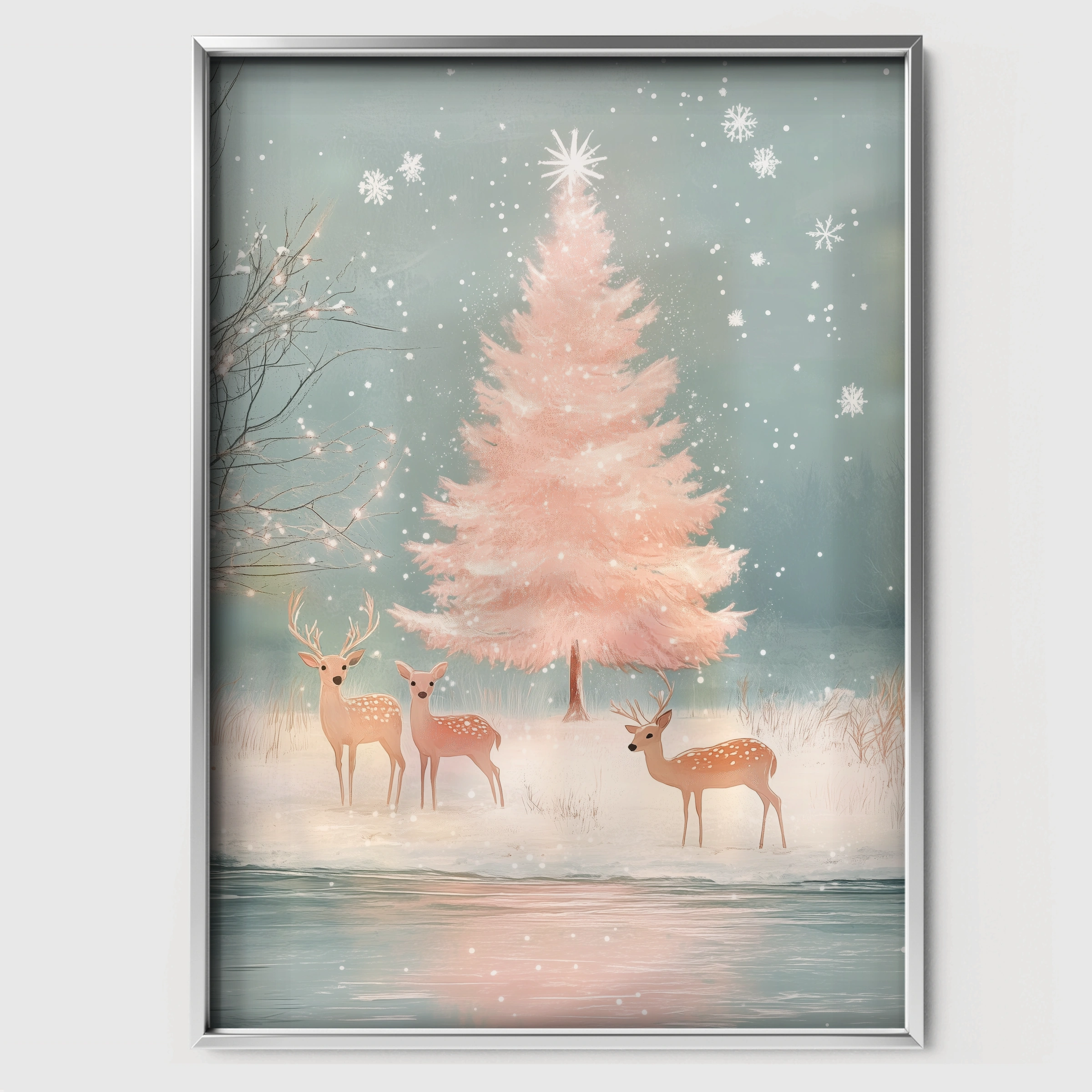 Pink Tree with Deer Christmas Print - white framed nursery wall art print