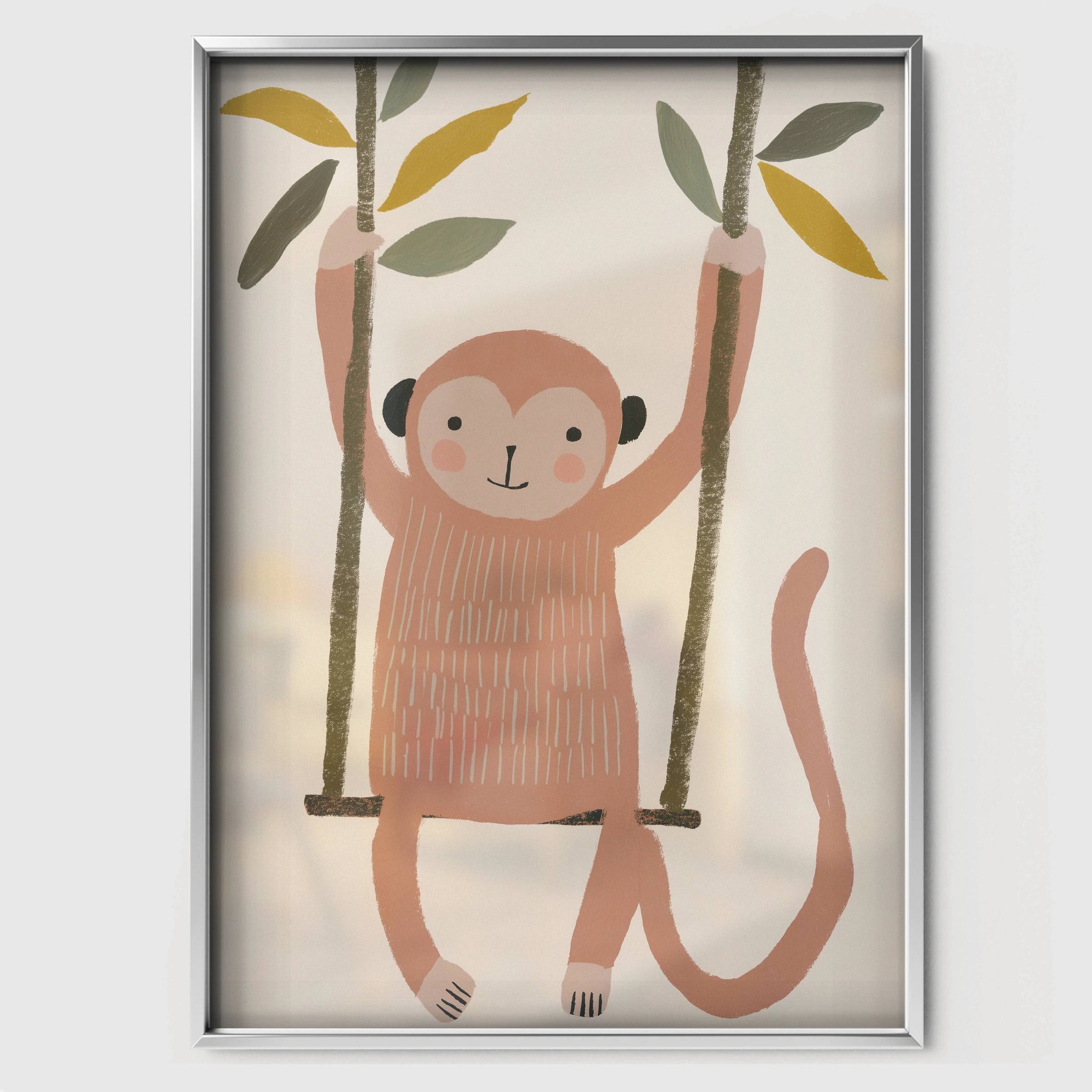 Playful Monkey Nursery Print - white framed nursery wall art print