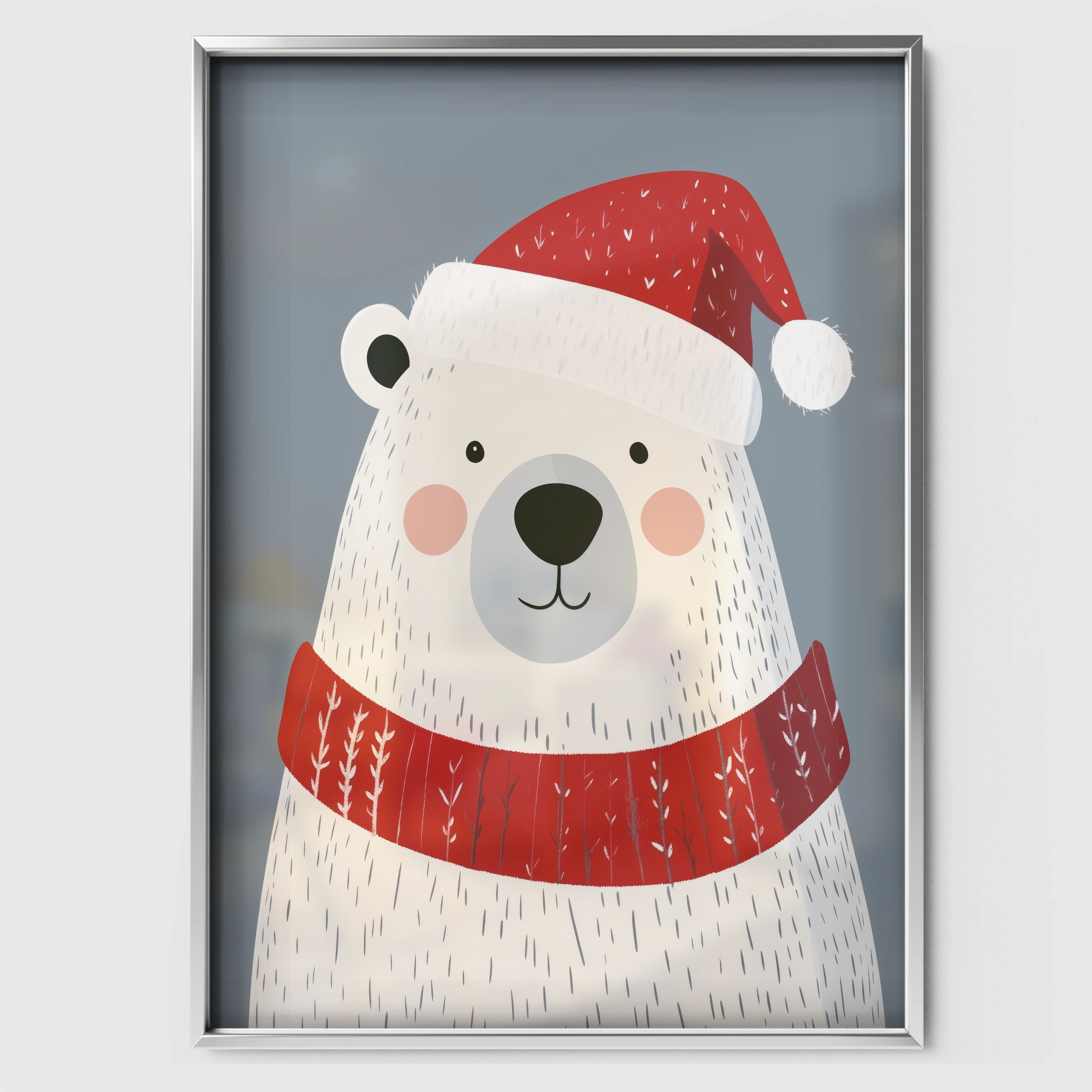 Polar Bear in a Santa Hat Christmas Print - white framed nursery wall art print