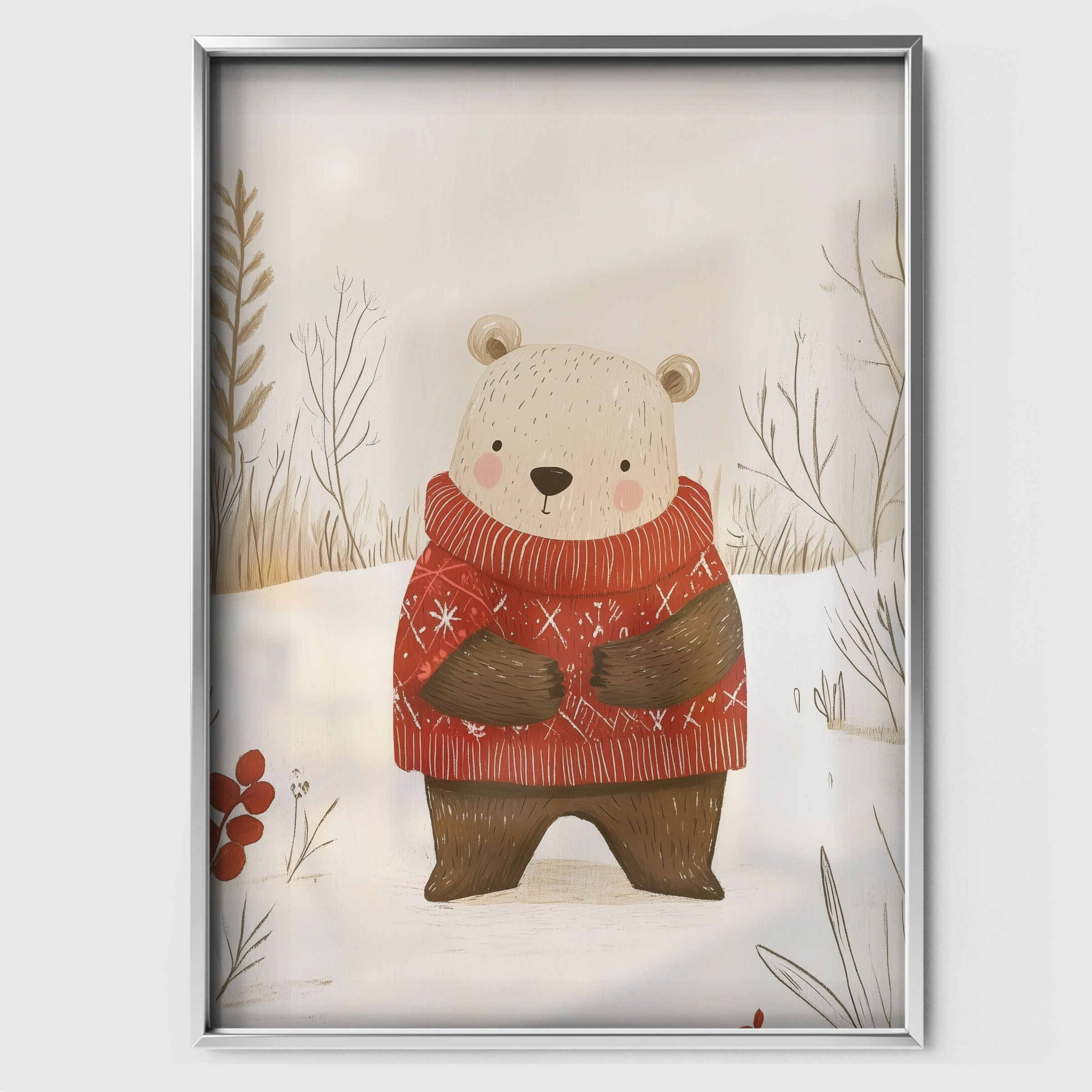 Polar Bear in a Sweater Christmas Print - white framed nursery wall art print