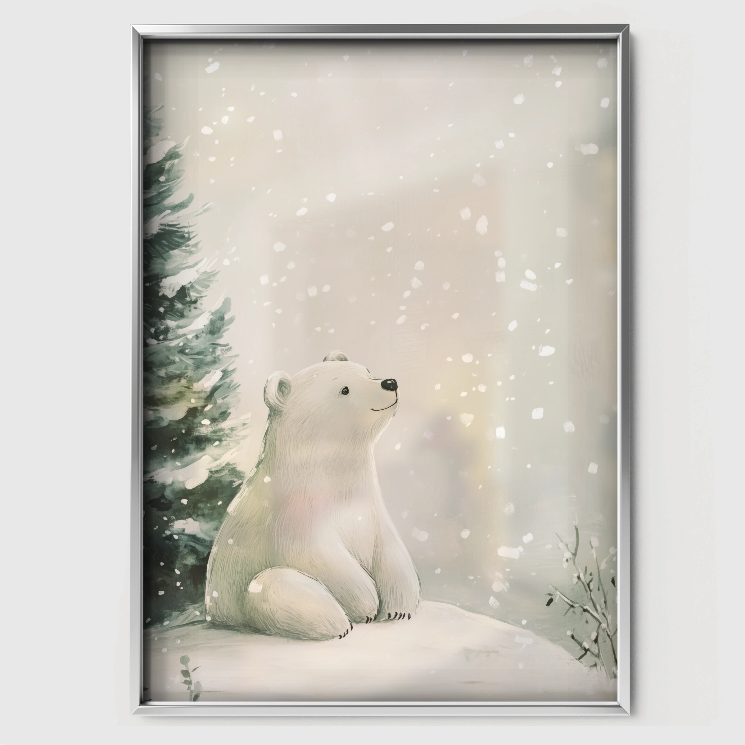 Polar Bear in the Forest Christmas Print - white framed nursery wall art print