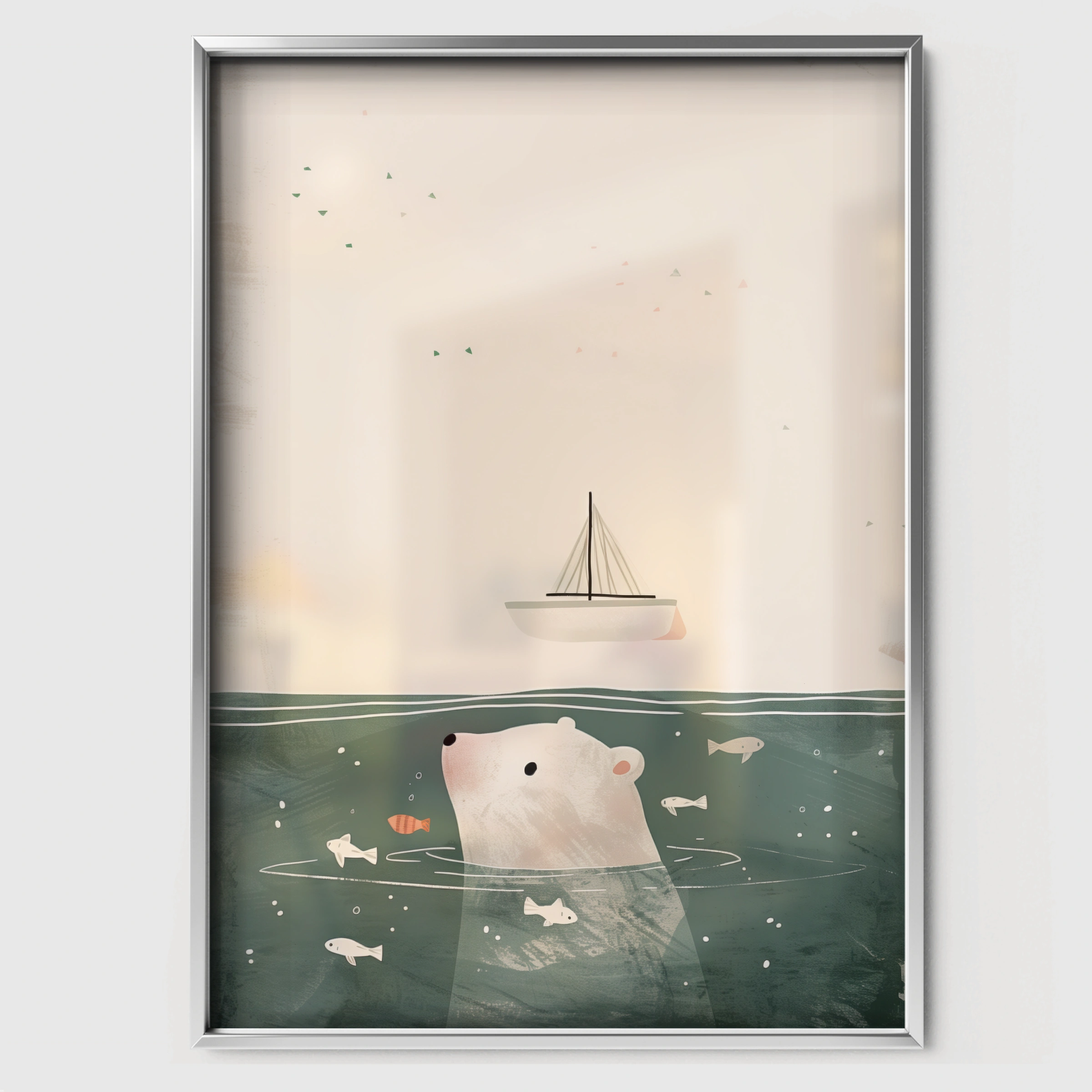 Polar Bear in the Sea Nursery Print - white framed nursery wall art print