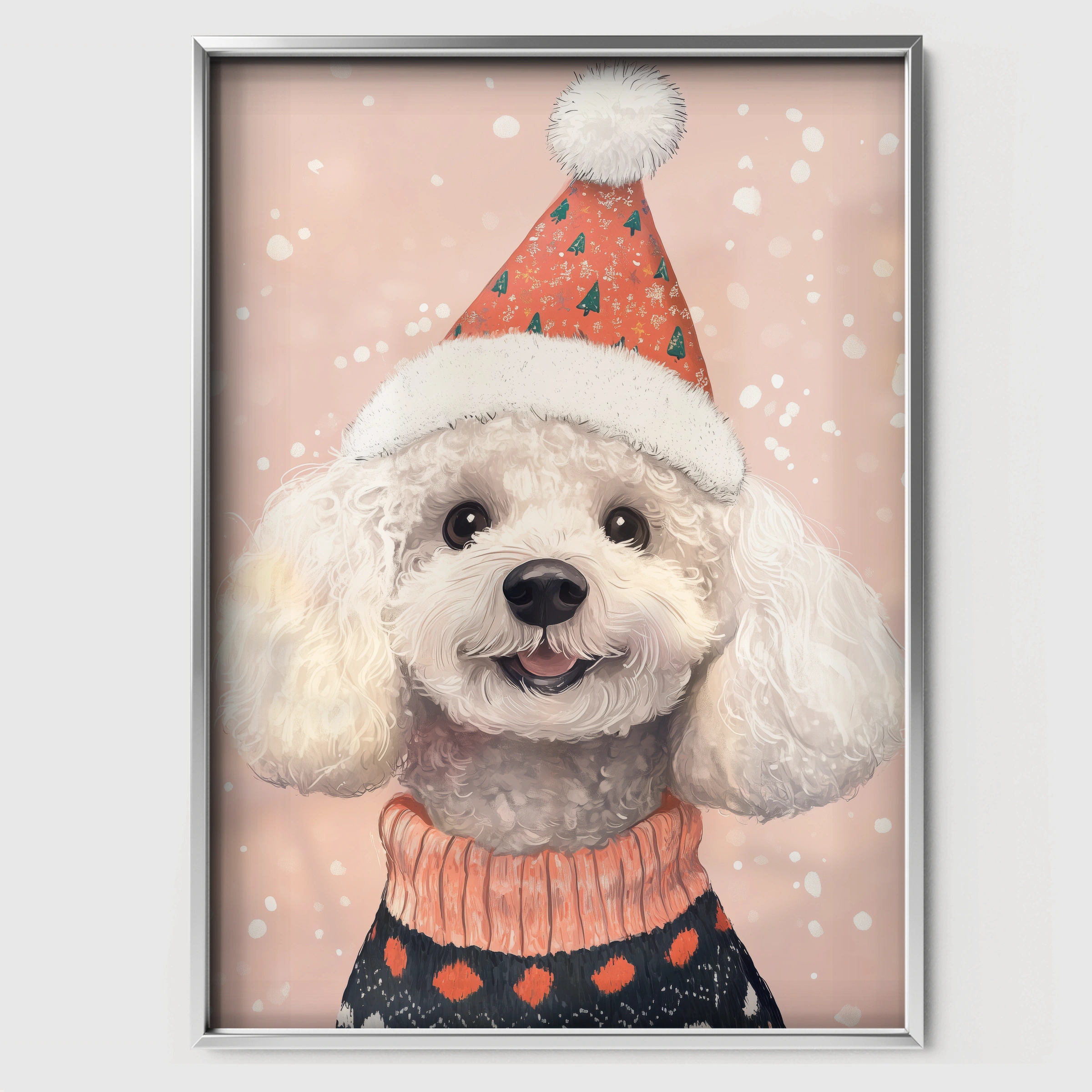 Poodle in a Santa Hat Christmas Print - white framed nursery wall art print