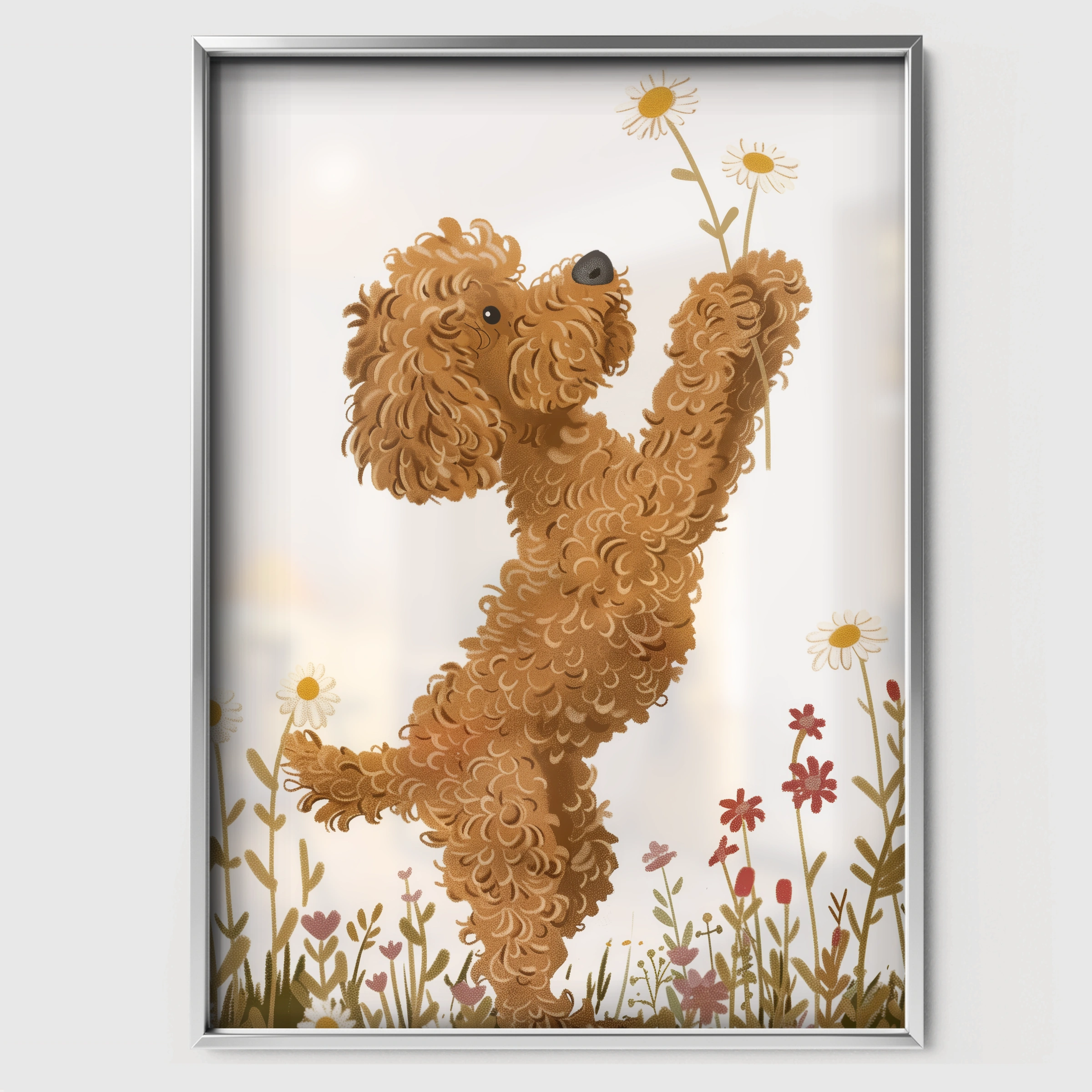 Poodle in Flowers Nursery Print - white framed nursery wall art print
