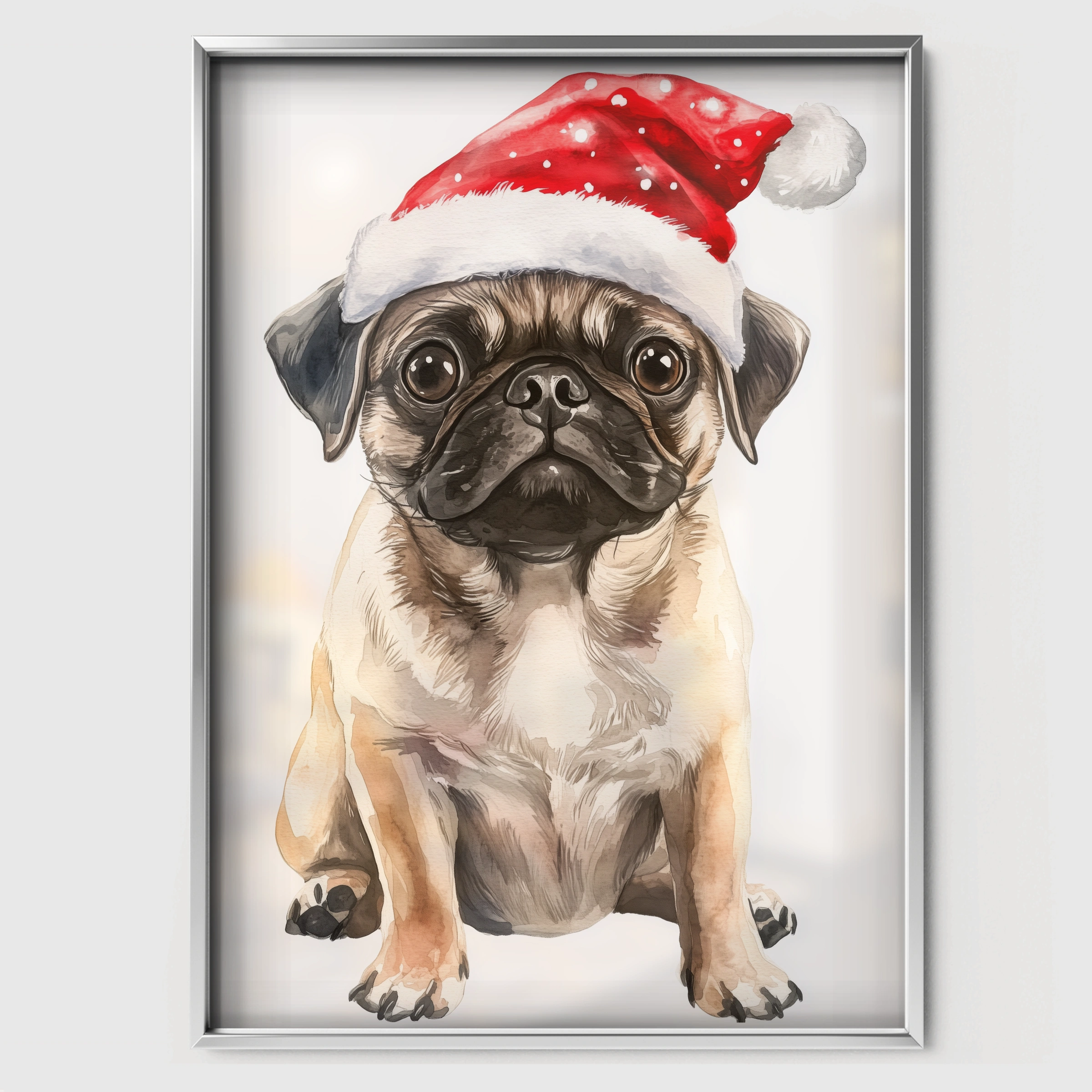 Pug in a Santa Hat Christmas Print - white framed nursery wall art print