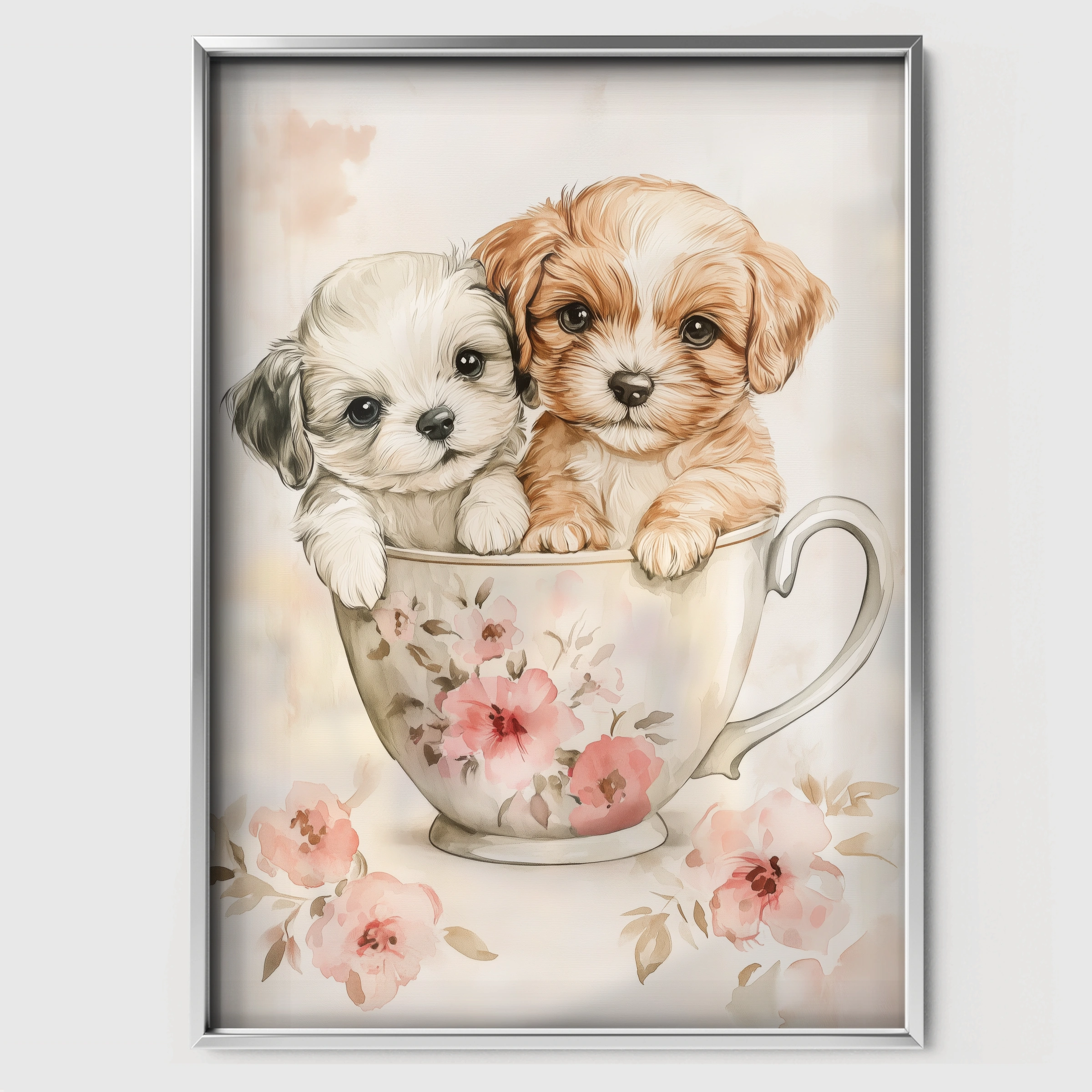 Puppies in a Teacup Nursery Print - white framed nursery wall art print