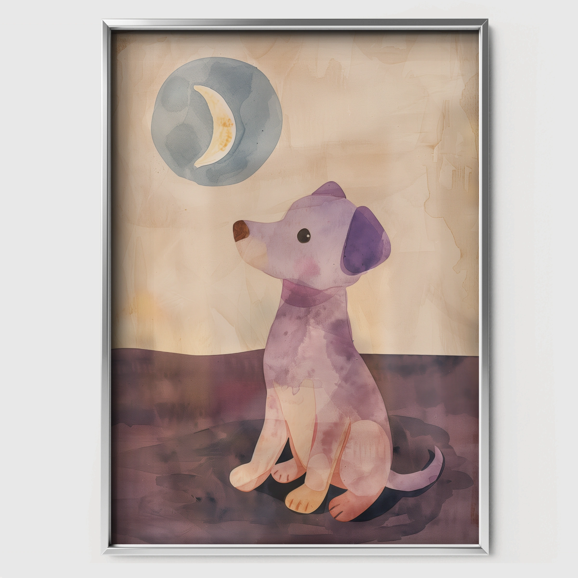 Puppy and the Moon Nursery Print - white framed nursery wall art print