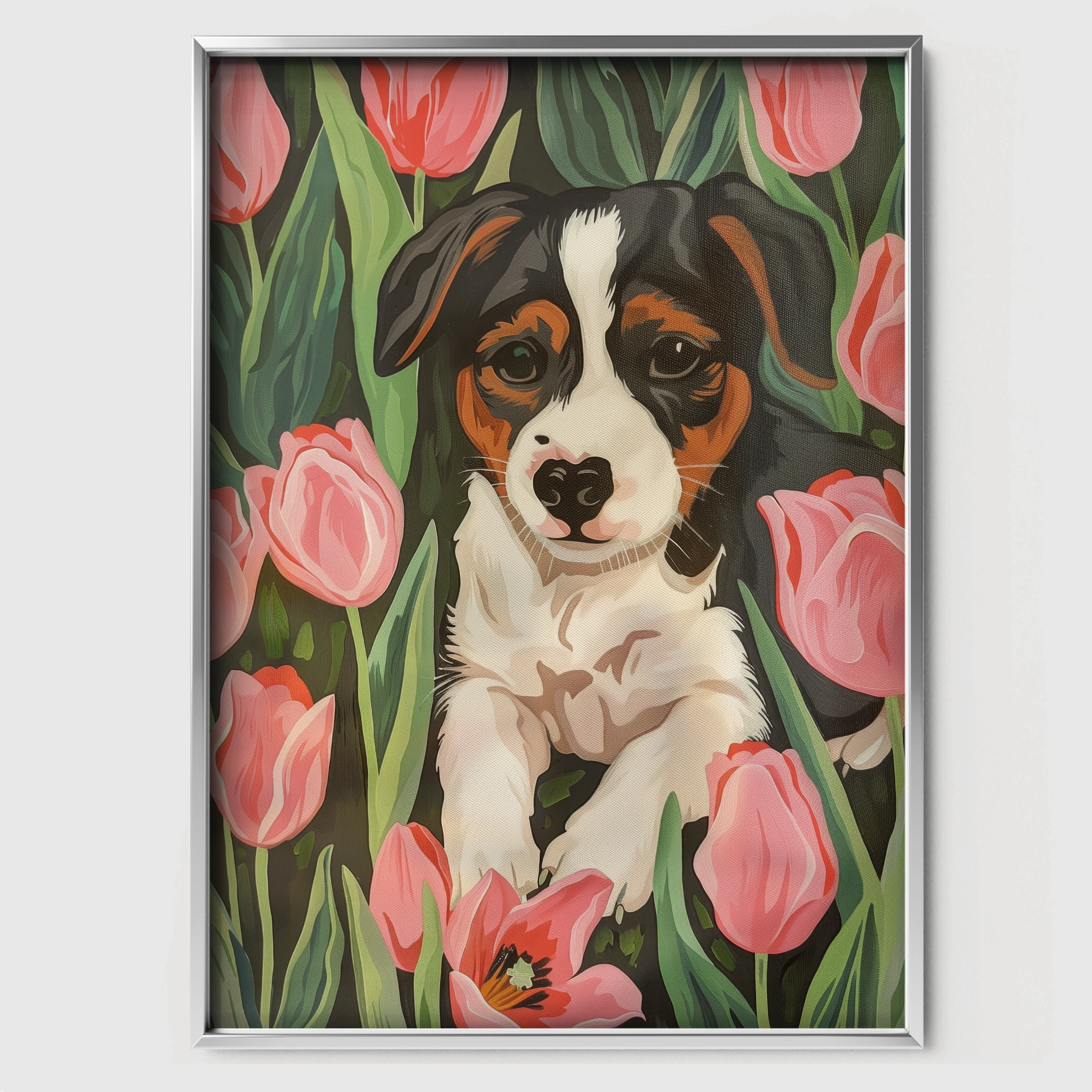 Puppy in Tulips Nursery Print - white framed nursery wall art print