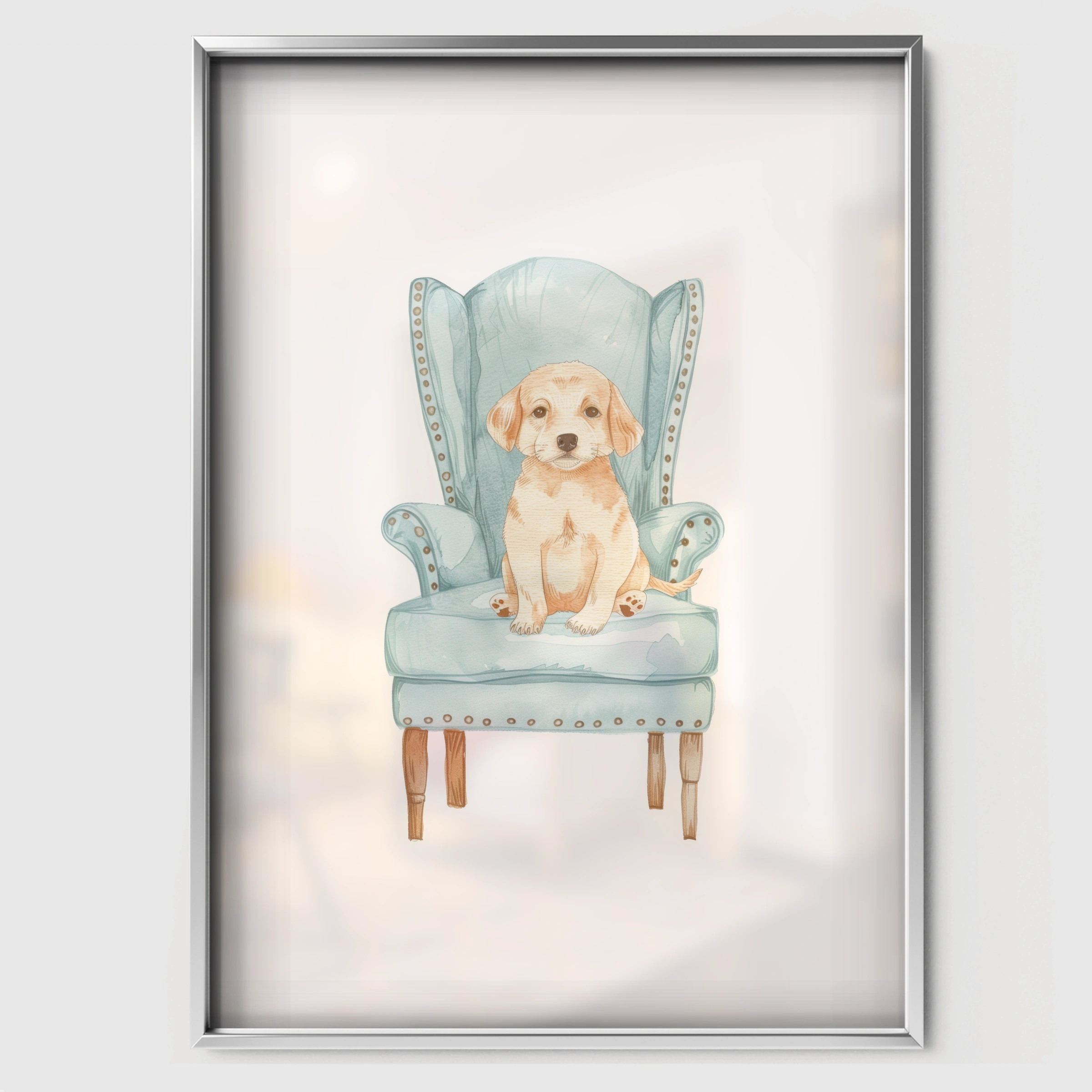 Puppy on a Chair Nursery Print - white framed nursery wall art print