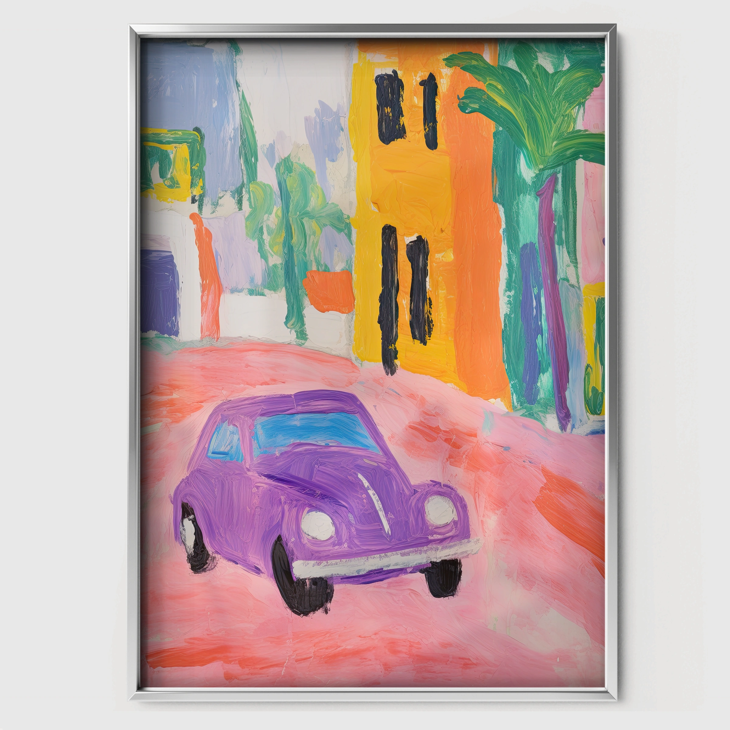 Purple Car in Town Nursery Print - white framed nursery wall art print