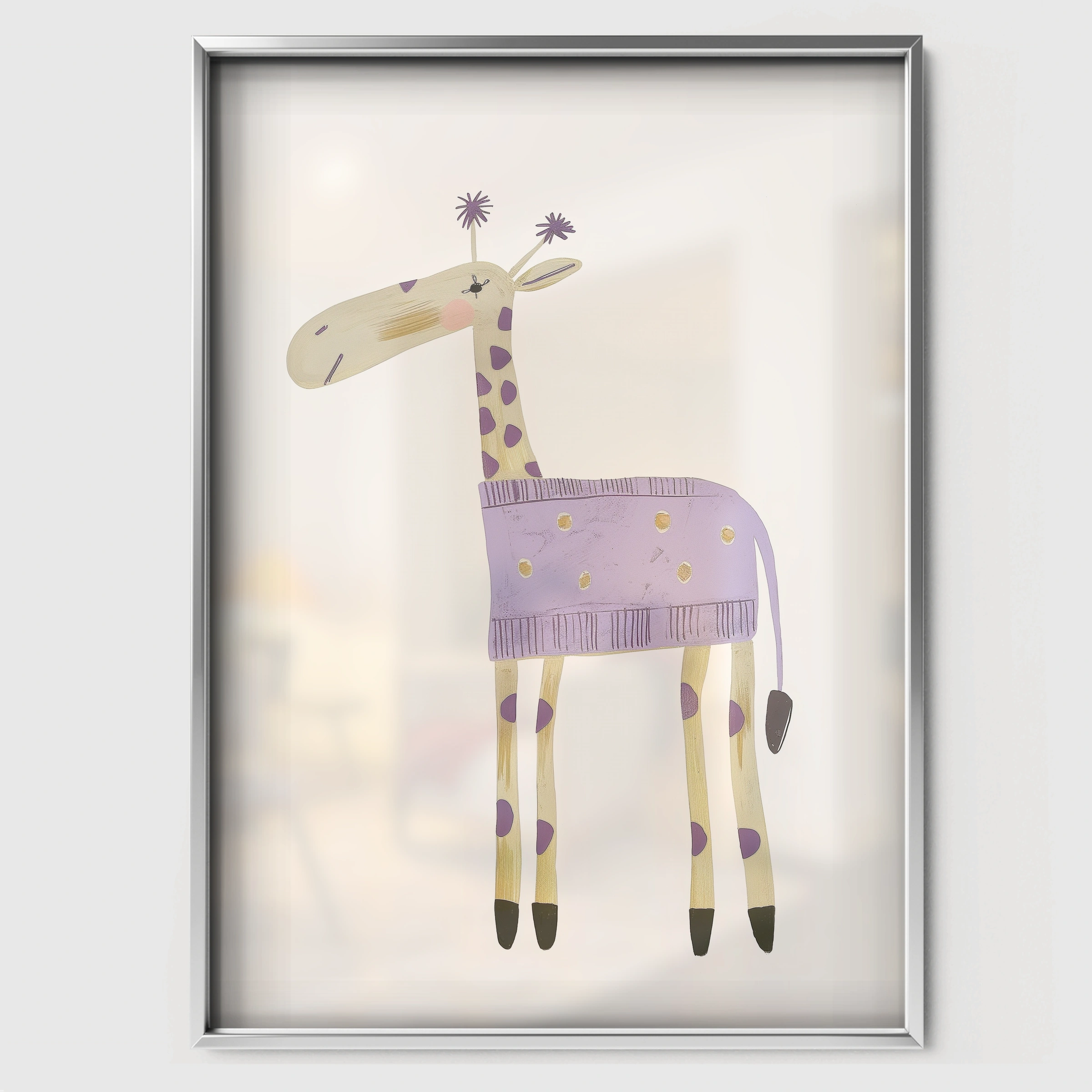 Purple Giraffe Nursery Print - white framed nursery wall art print
